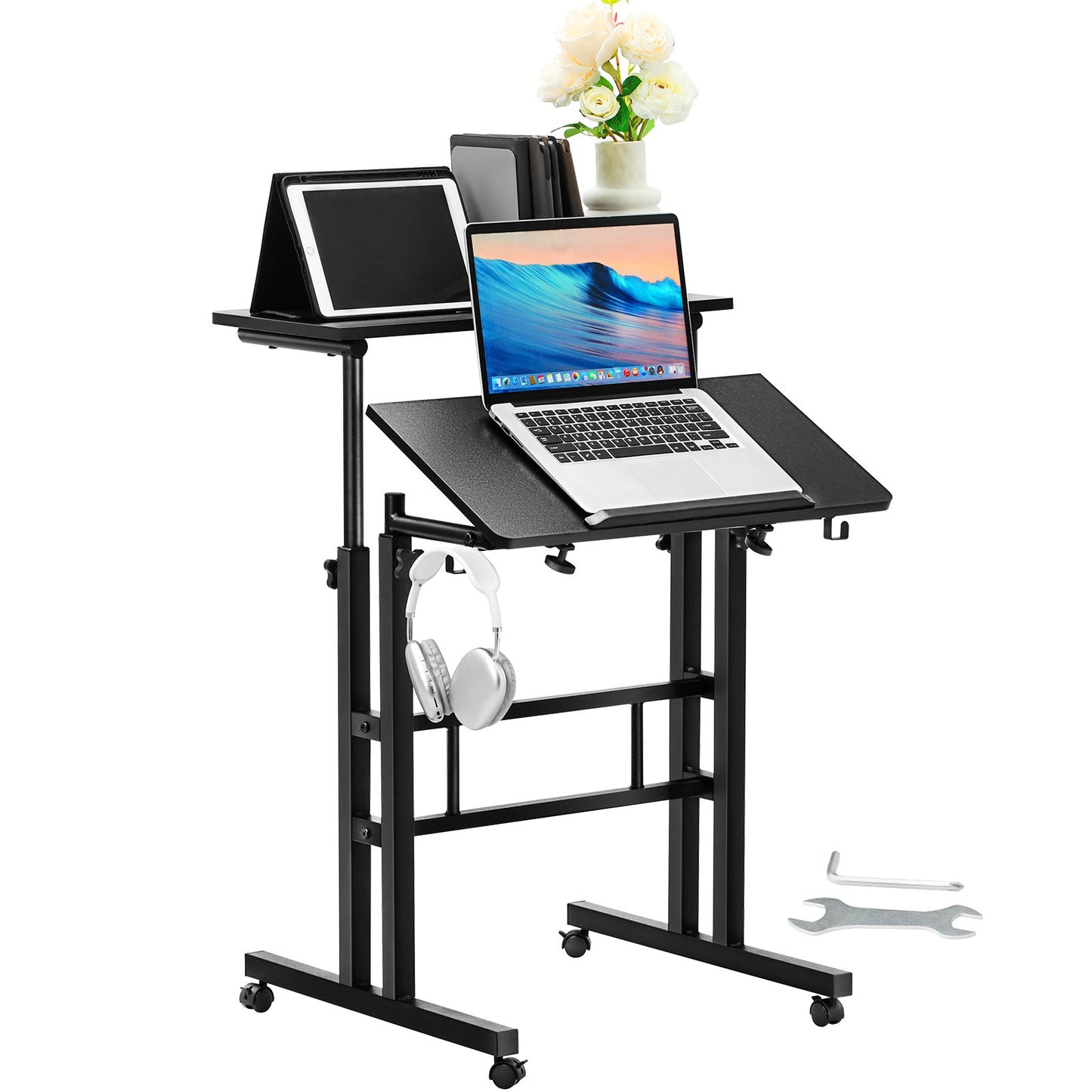 VEVOR Mobile Standing Desk, 26.4"-44.9" Gas-Spring Height Adjustable Sit-Stand Desk,