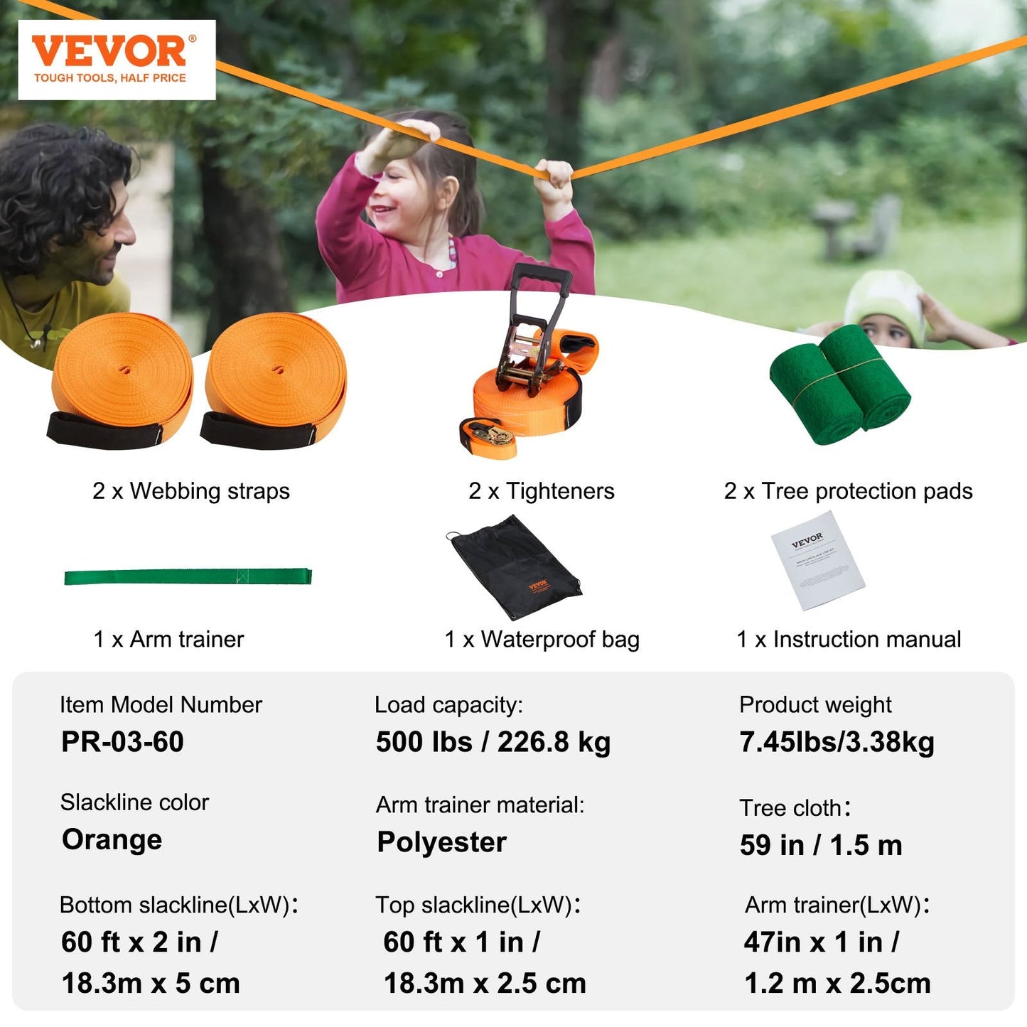 Complete 18.3m Slackline Kit with Training Line, Tree Protectors & Carry Bag