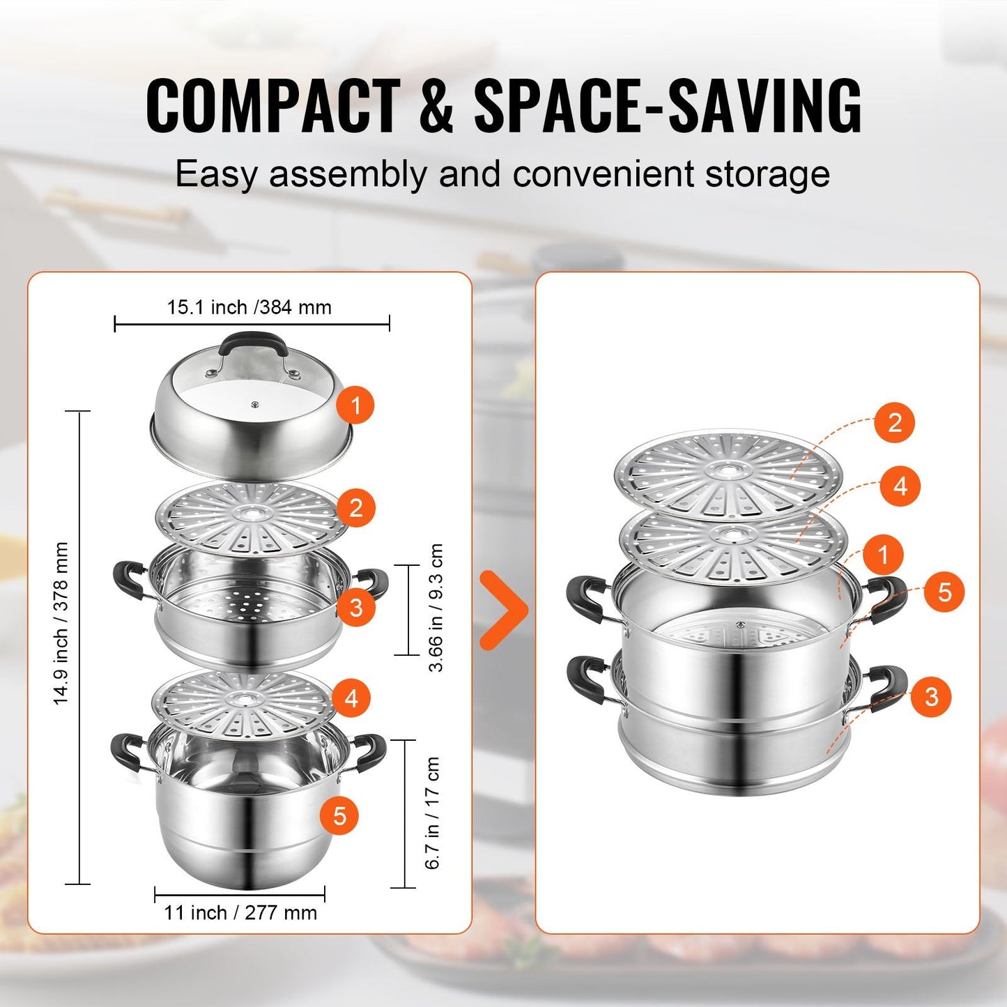 3-Layer Stainless Steel Steamer Pot Set, 28cm, 8.5QT for Gas & Electric Stoves