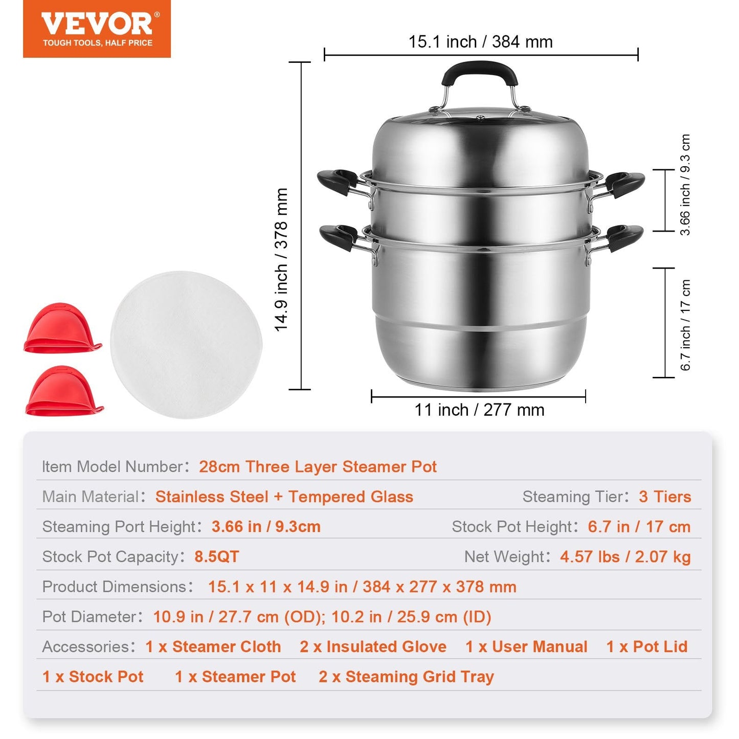 3-Layer Stainless Steel Steamer Pot Set, 28cm, 8.5QT for Gas & Electric Stoves