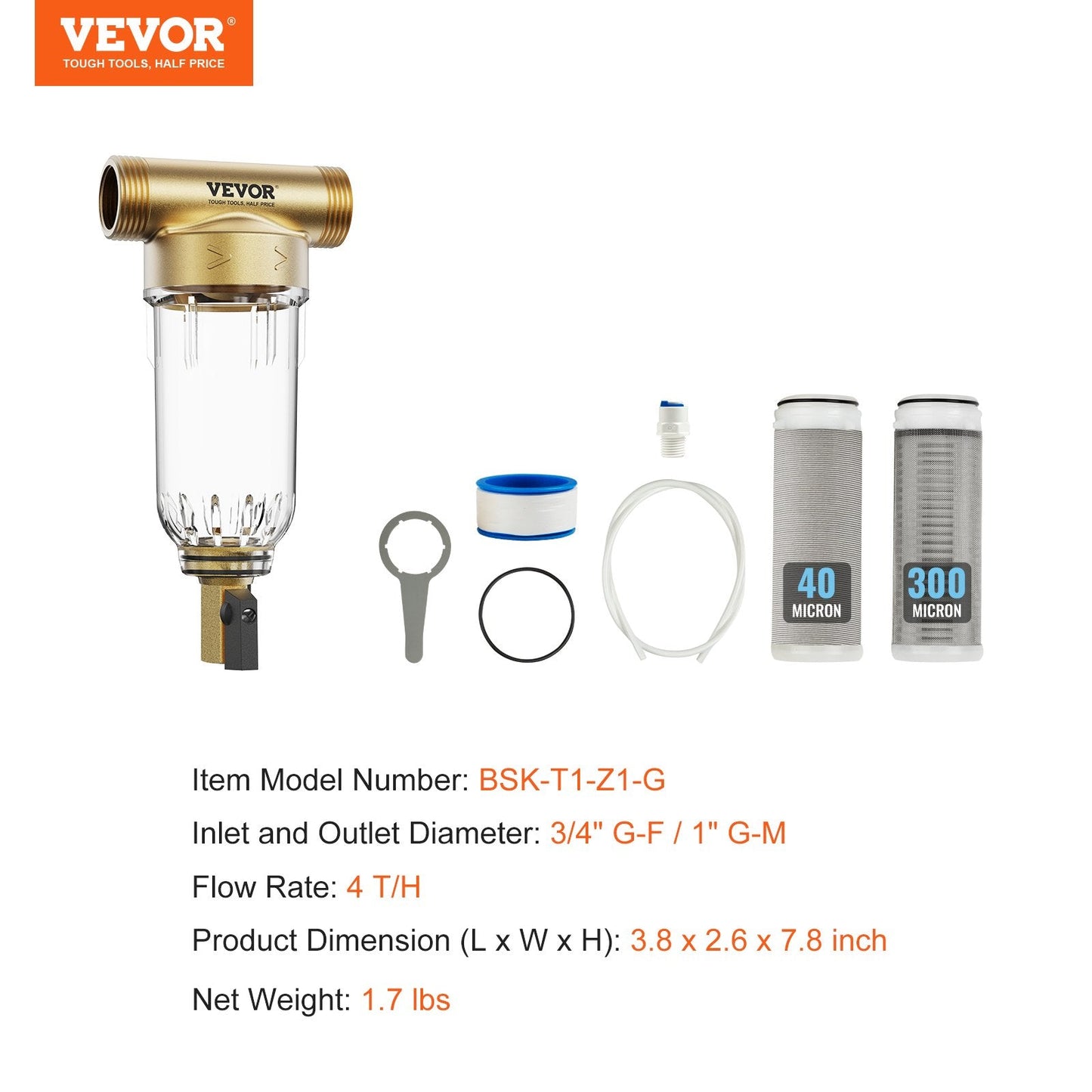 Whole House Water Filter, 40+30 Micron, 0.78 kg, 0.97 x 0.66 x 1.98 m, High Flow