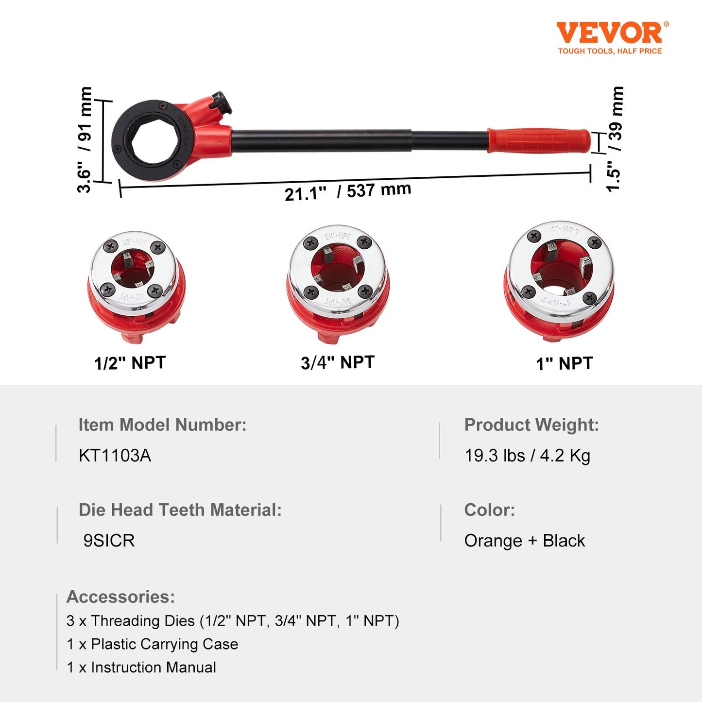 VEVOR Ratchet Pipe Threader Kit, 1/2" NPT, 3/4" NPT, 1" NPT Manual Ratcheting Pipe