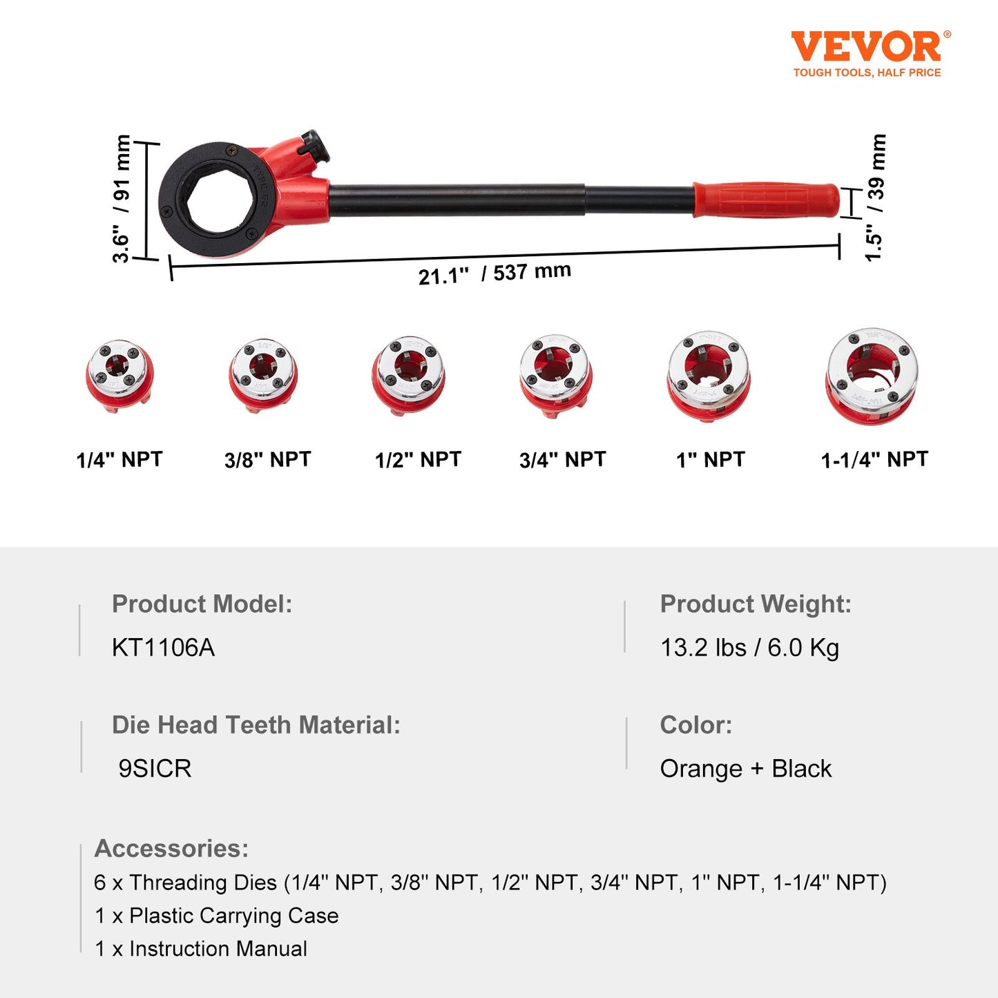 VEVOR Ratchet Pipe Threader Kit, 1/4" NPT - 1-1/4" NPT Manual Ratcheting Pipe Threader,