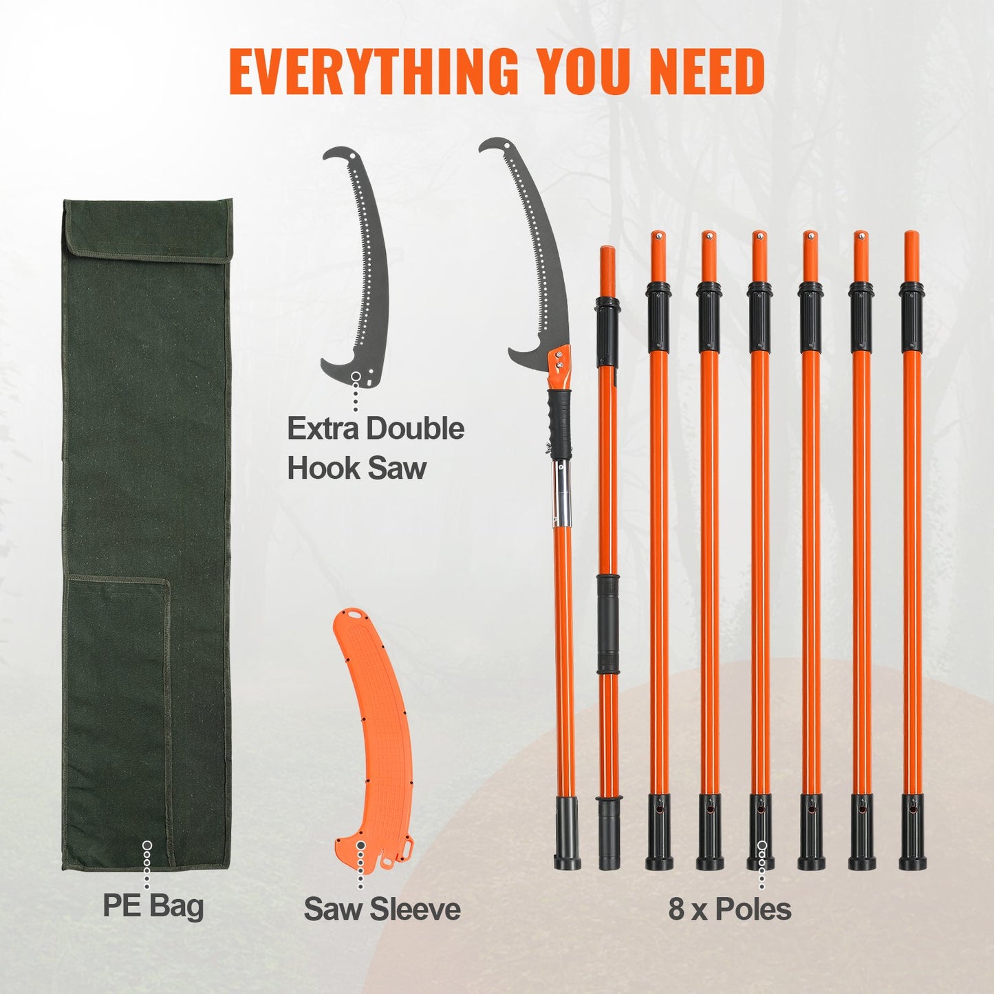 VEVOR Manual Pole Saw, 2.24 m-8.24 m Extendable Tree Pruner, Sharp Steel Blade High