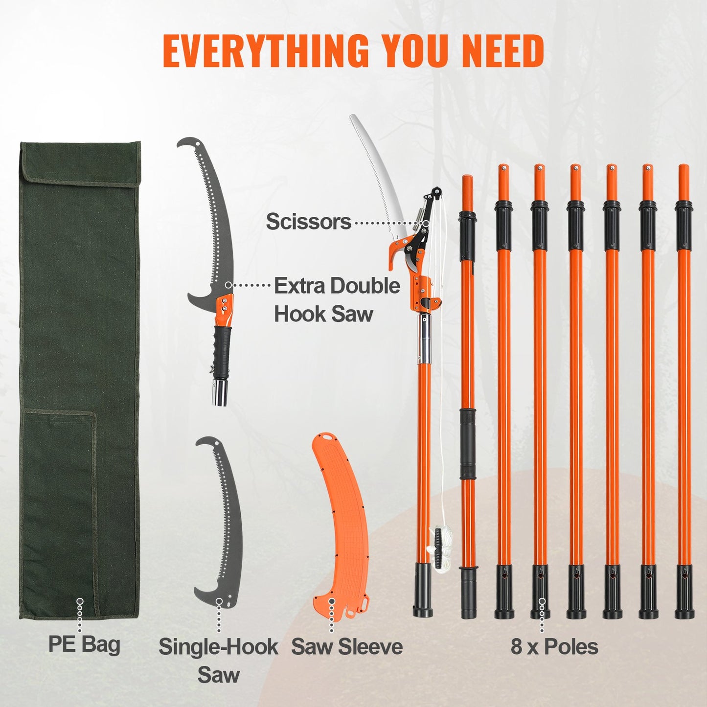VEVOR Manual Pole Saw, 2.24 m-8.24 m Extendable Tree Pruner, Sharp Steel Blade and