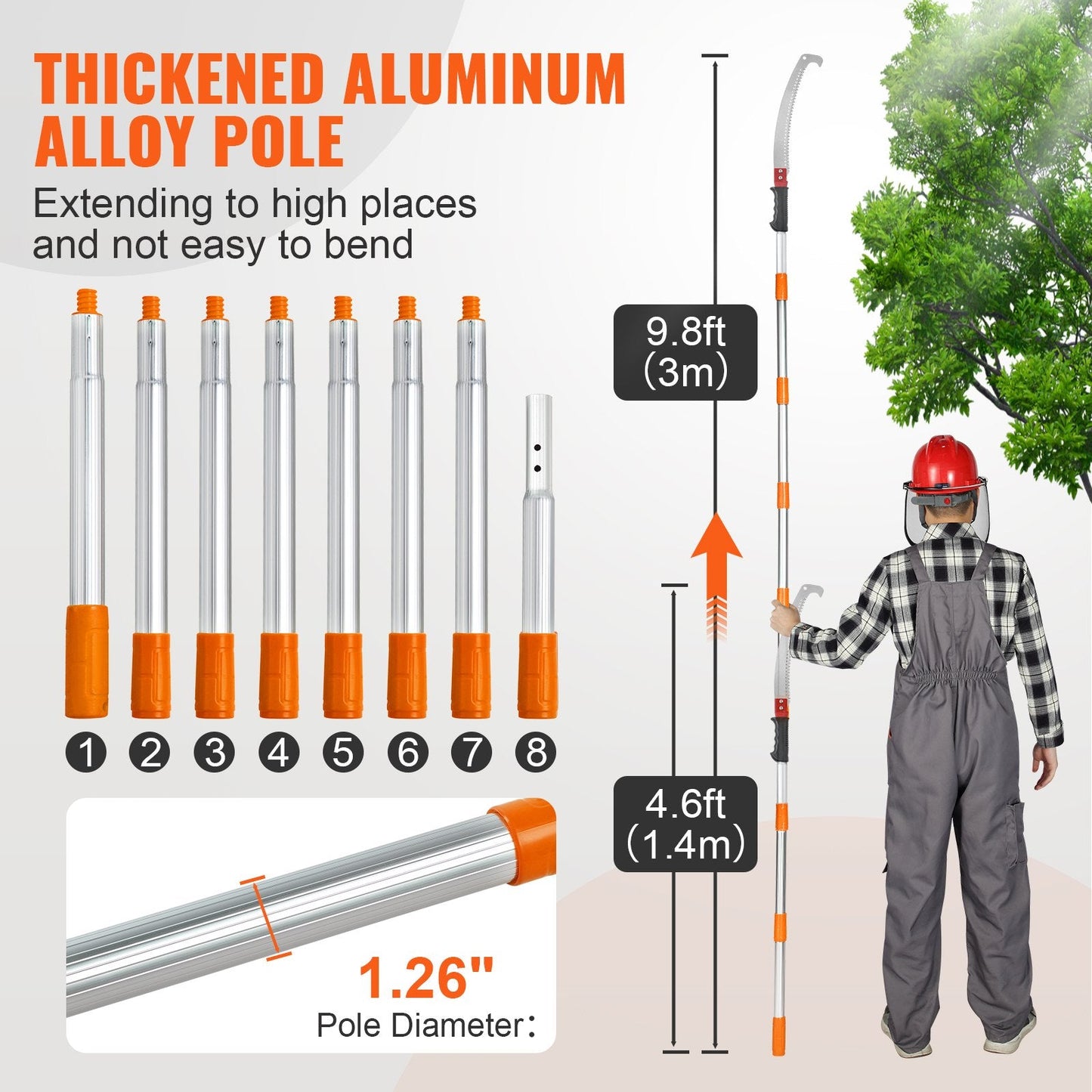 Extendable Manual Tree Pruner with 1.4-3 m Aluminum Alloy Pole and Sharp Blade