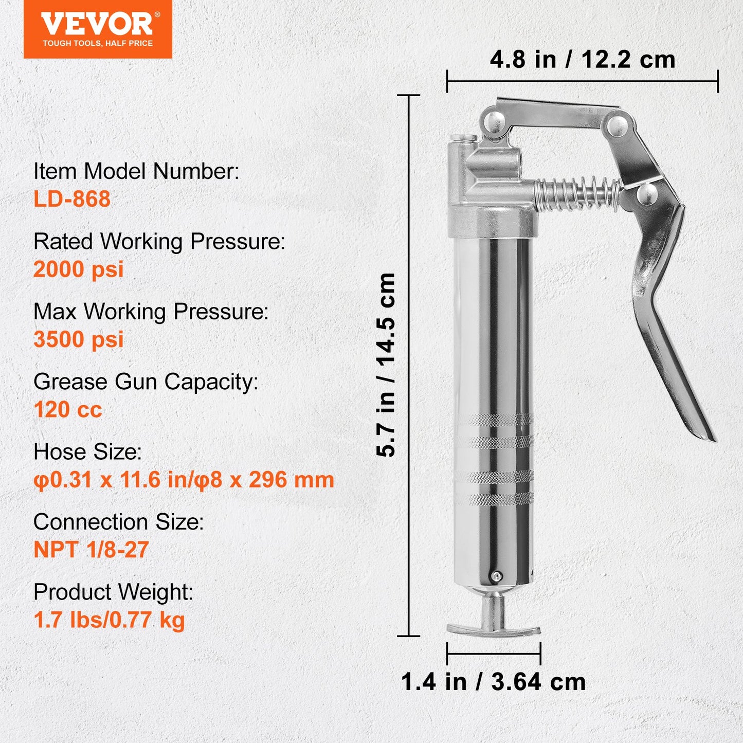 VEVOR Pistol Grip Grease Gun 3500PSI 4oz Heavy Duty Manual Grease Gun Flex Hose