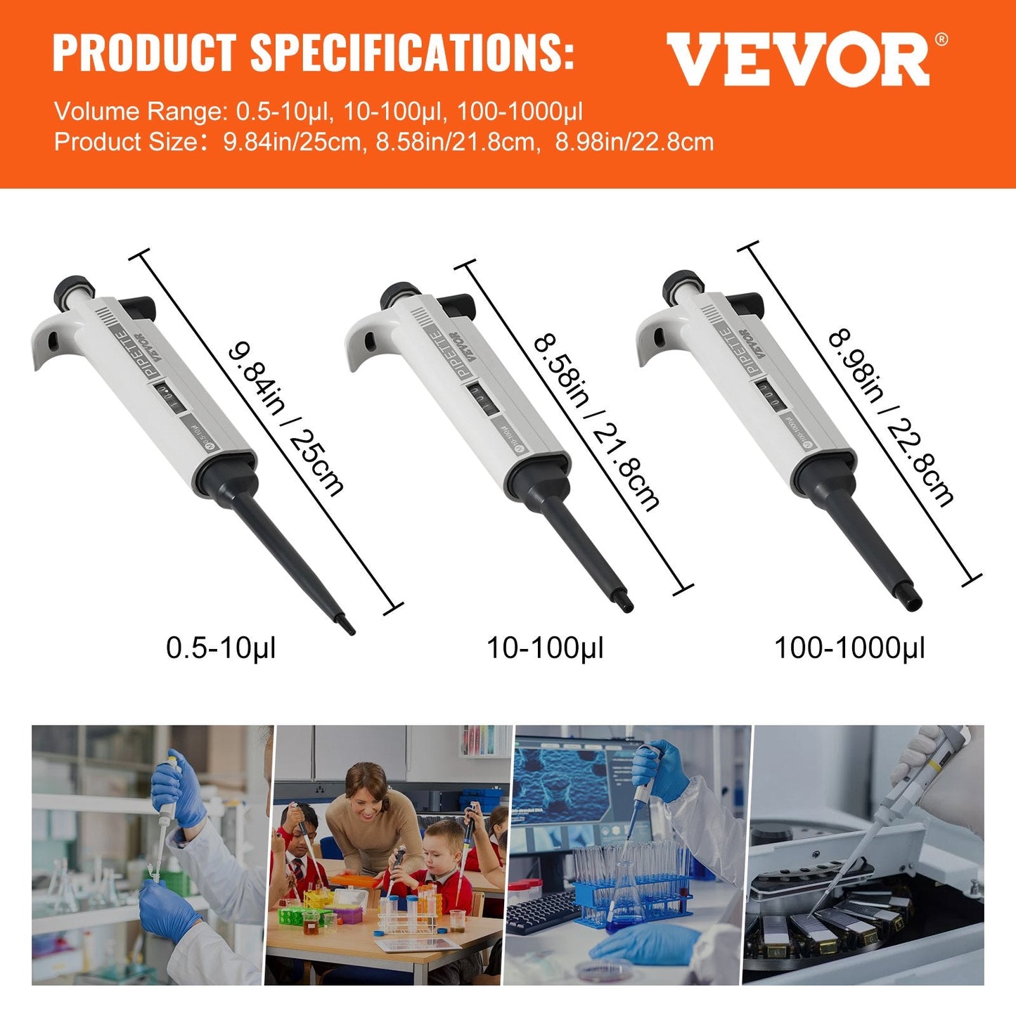 Adjustable Single Channel Micropipette Kit, 3 Pcs (0.5-10μl to 100-1000μl)