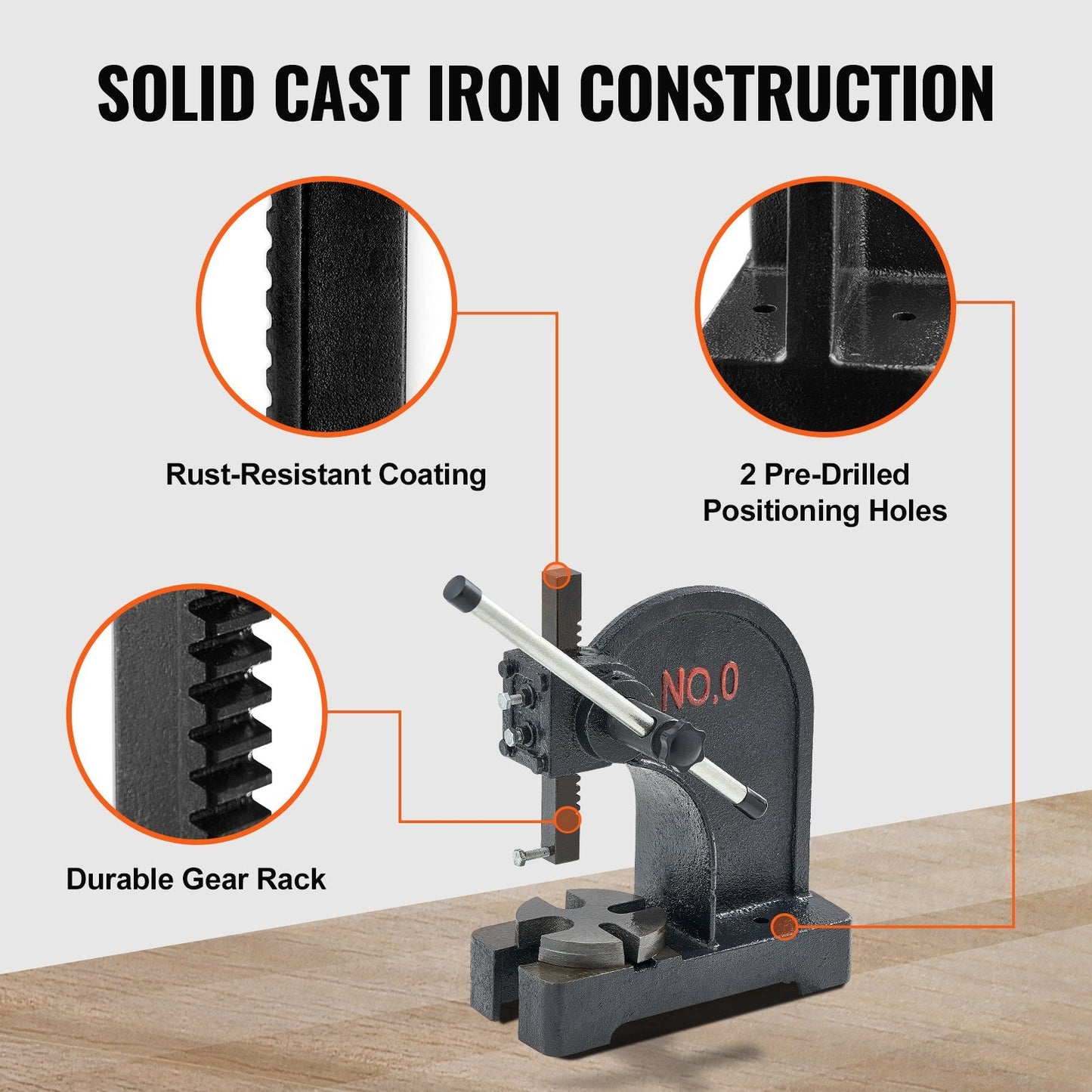 0.5 Ton Manual Arbor Press, Cast Iron, 0.3 Meter Max Height, 7.5 kg Weight