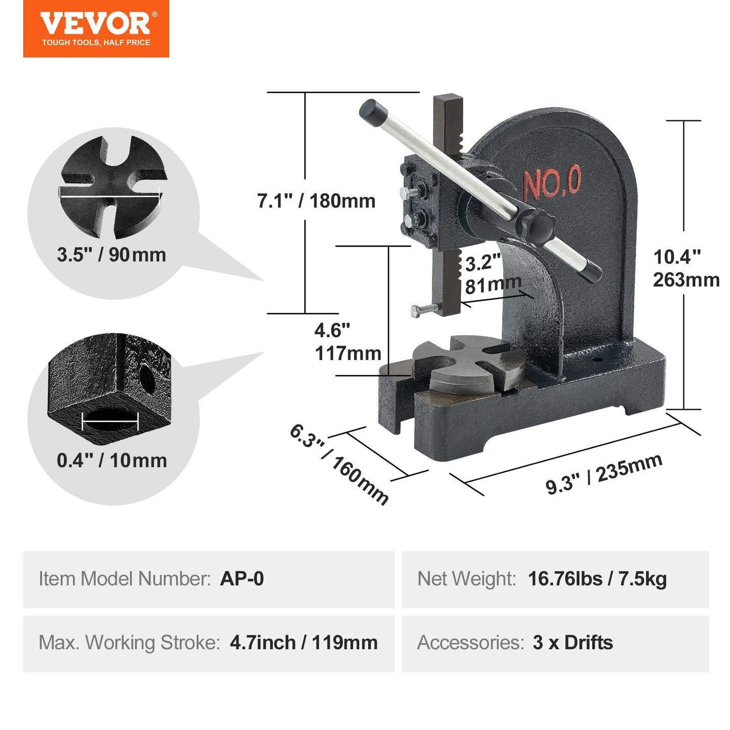 0.5 Ton Manual Arbor Press, Cast Iron, 0.3 Meter Max Height, 7.5 kg Weight