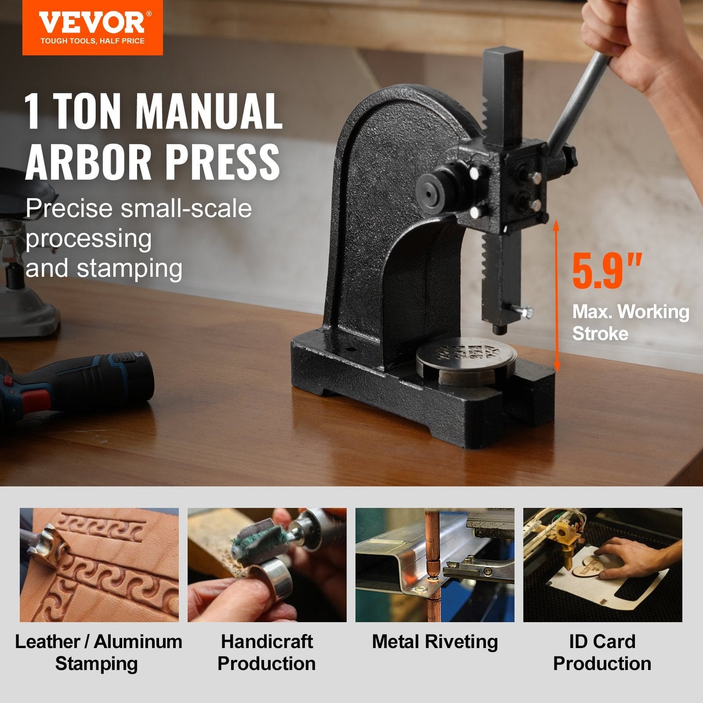Heavy-Duty 1 Ton Manual Arbor Press, 150mm Max Height, Cast Iron Construction