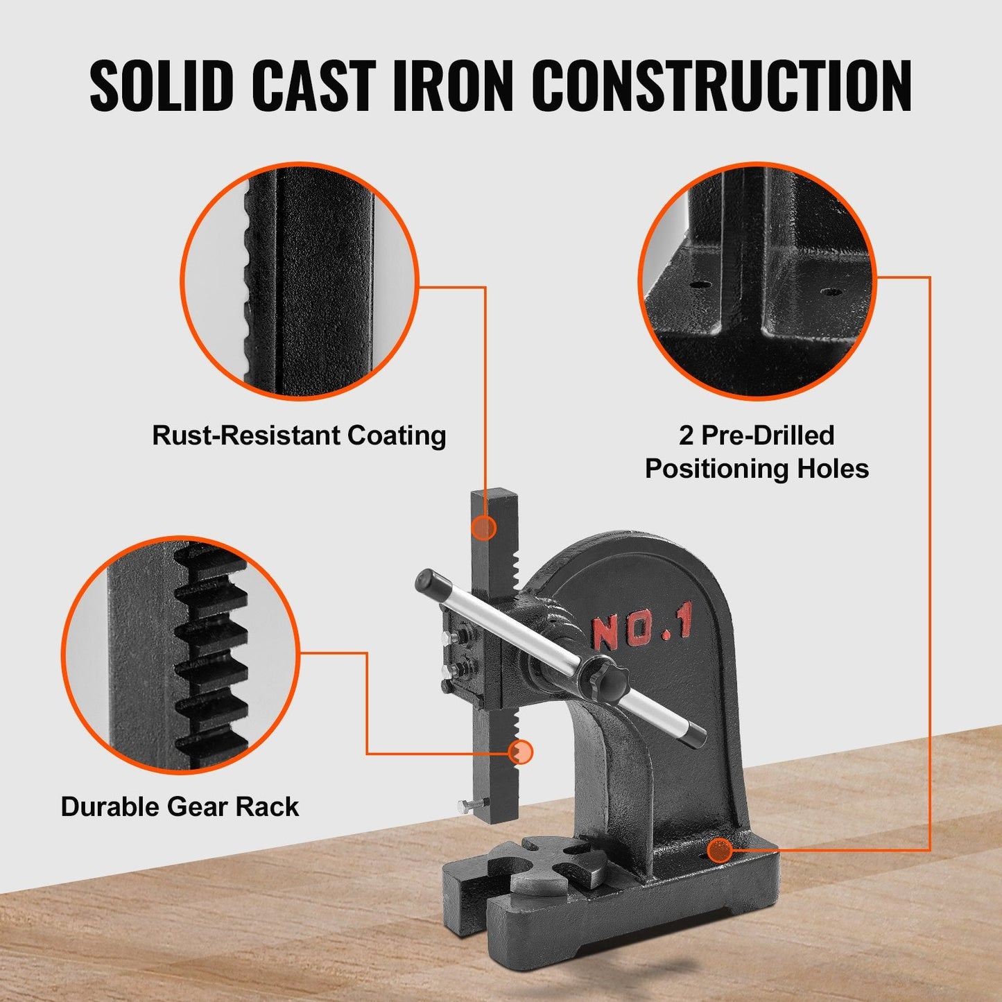 Heavy-Duty 1 Ton Manual Arbor Press, 150mm Max Height, Cast Iron Construction