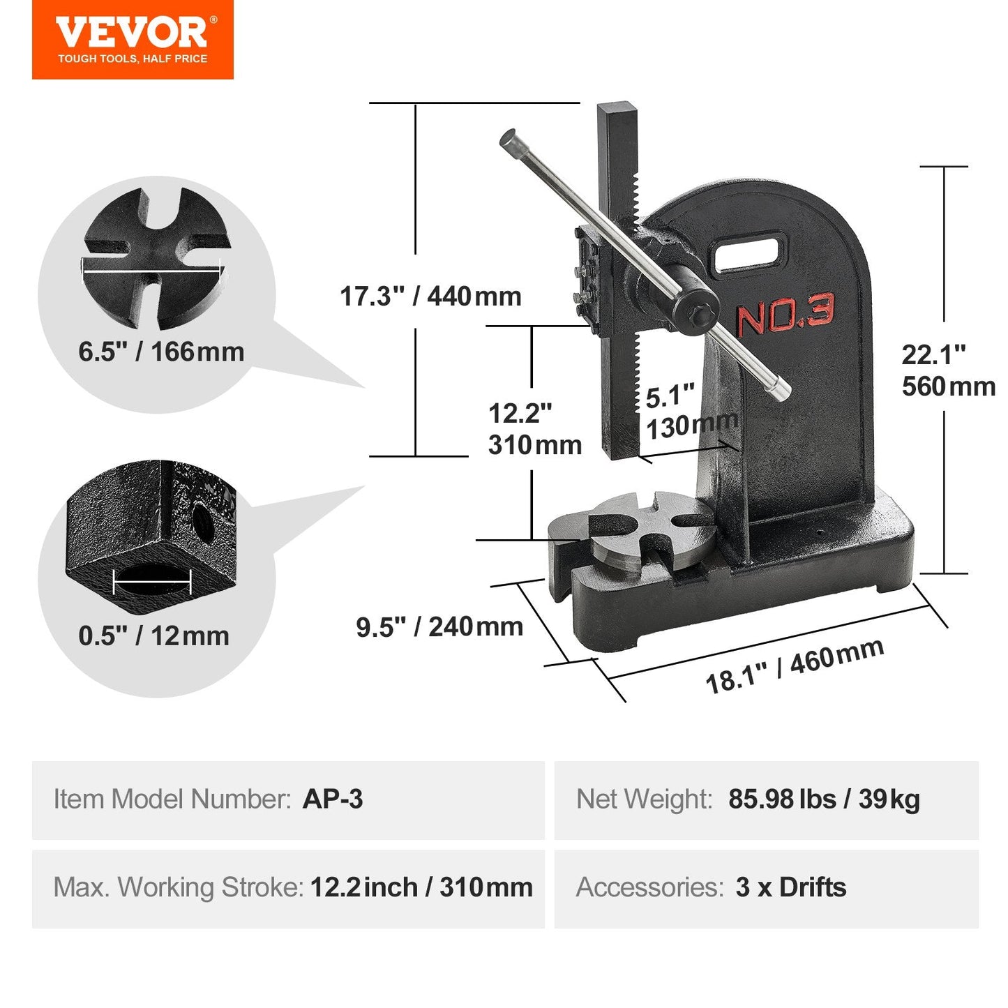 3 Ton Manual Arbor Press, 0.79m Height, Heavy-duty Cast Iron Hand Press