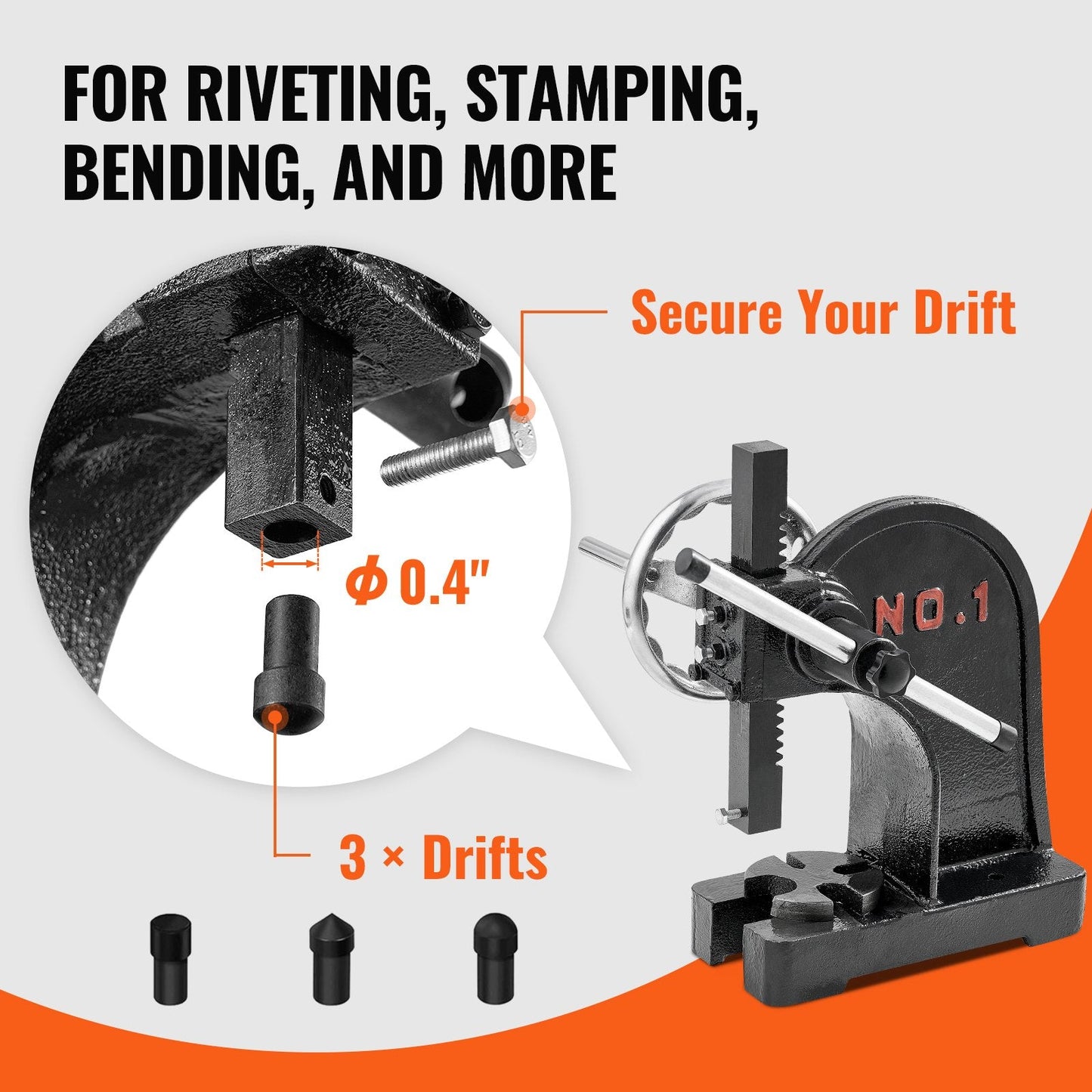 Manual 1 Ton Arbor Press with Handwheel, 0.15m Max Height, Cast Iron Frame