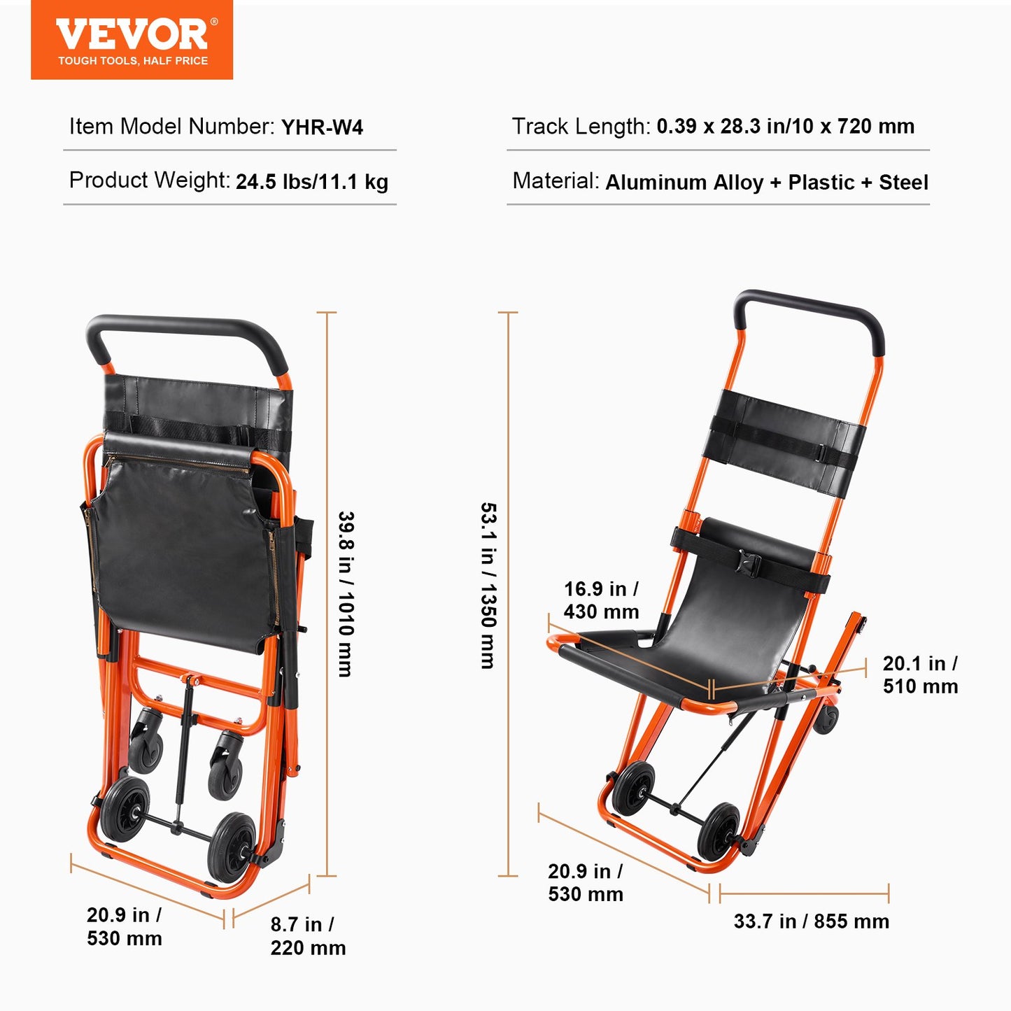 VEVOR Manual Stair Chair, 159 kg Load Capacity, Foldable Emergency Stair Wheelchair
