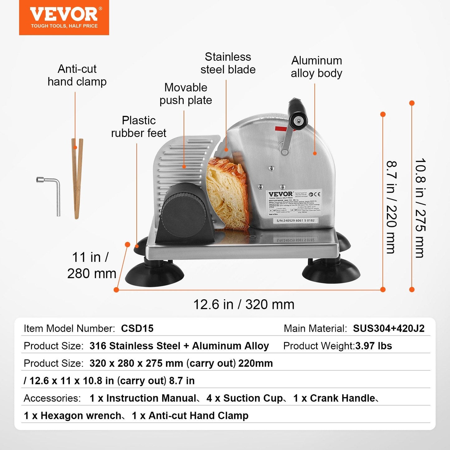 Manual Bread and Cheese Slicer, Adjustable Thickness, 0-0.15m, 1.8kg