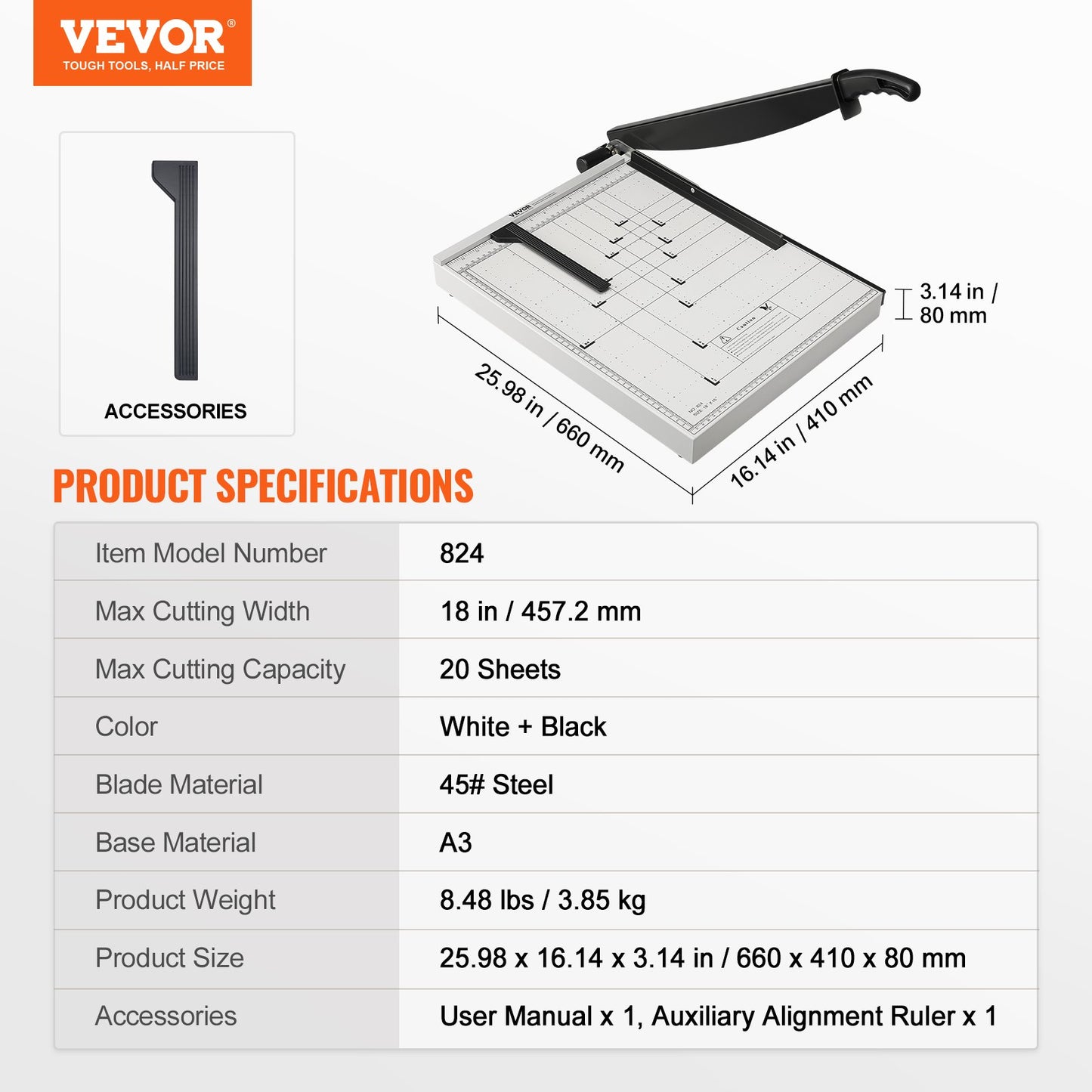 VEVOR Paper Cutter, Guillotine Trimmer, 457 mm Cut Length, 20 Sheets Capacity, Heavy