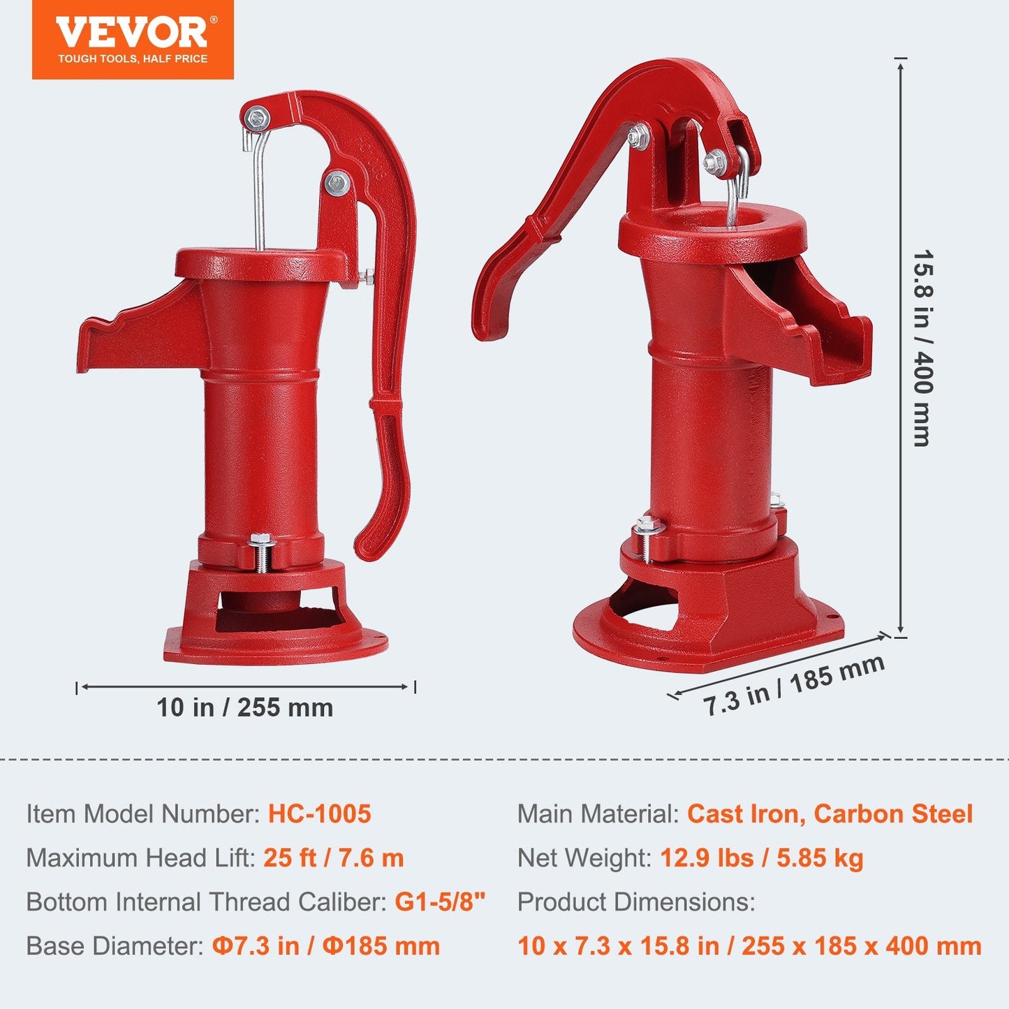 Antique Cast Iron Hand Water Pump, 7.6m Lift for Outdoor Use, Red
