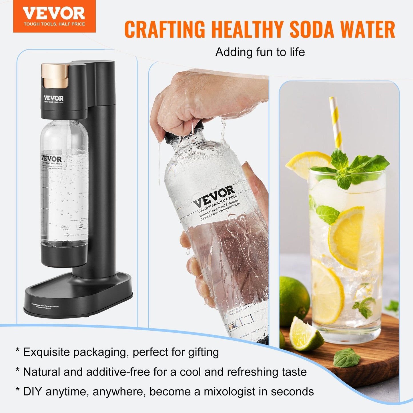 Home Soda Maker with 1L Bottle, Black - Compatible with 60L CO2 Cylinder