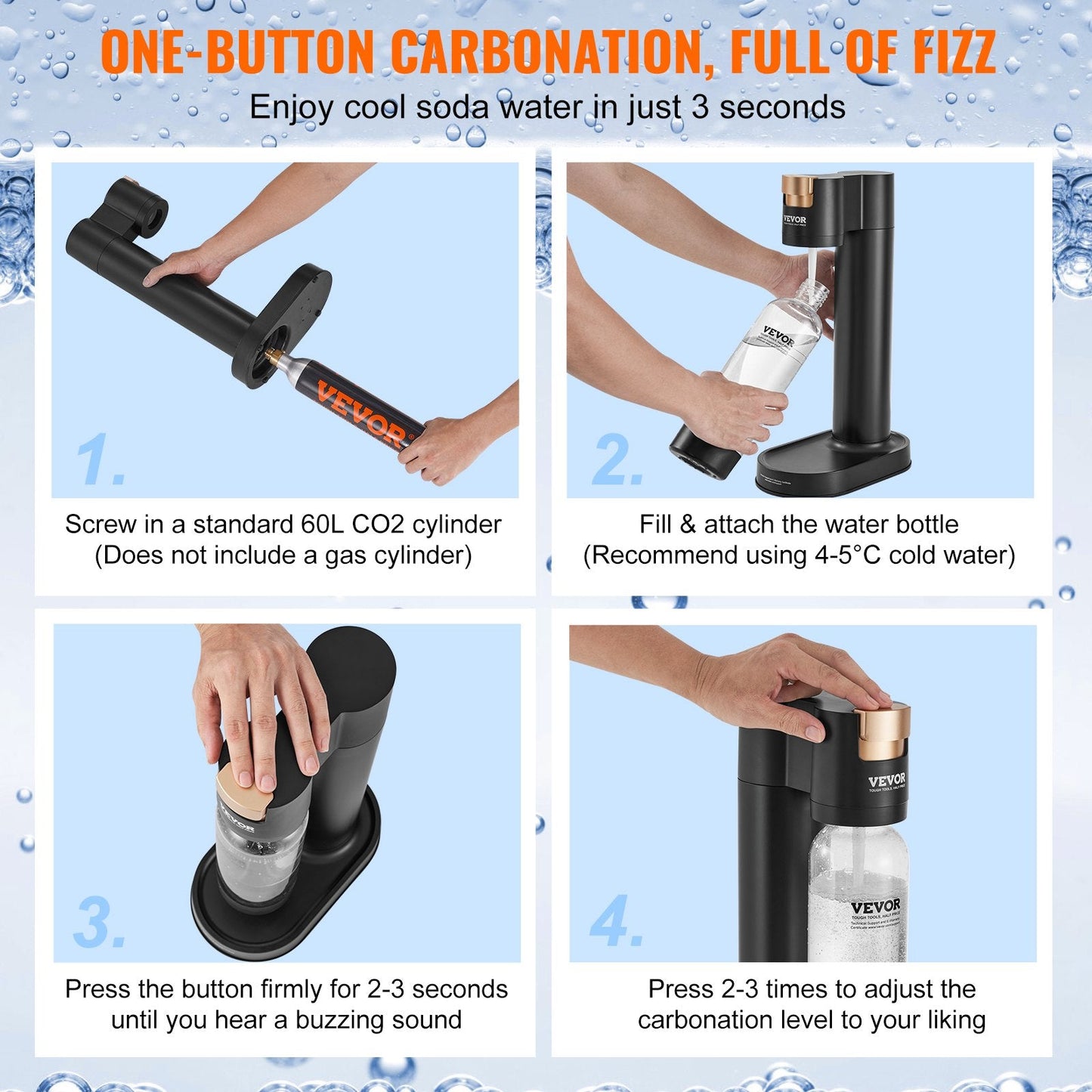 Home Soda Maker with 1L Bottle, Black - Compatible with 60L CO2 Cylinder