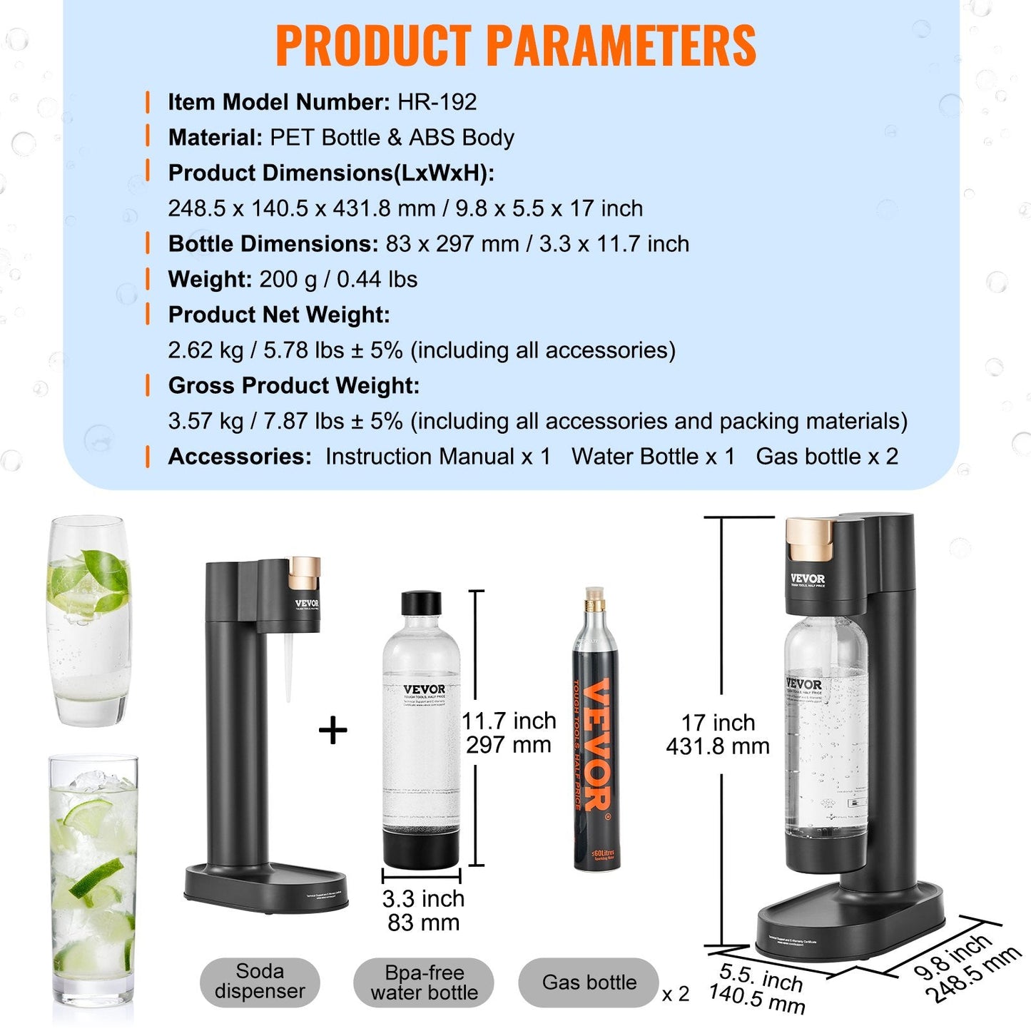 Home Soda Maker with 2 CO2 Cylinders & BPA-Free 1L Bottle, 2.62 kg, 0.25m High