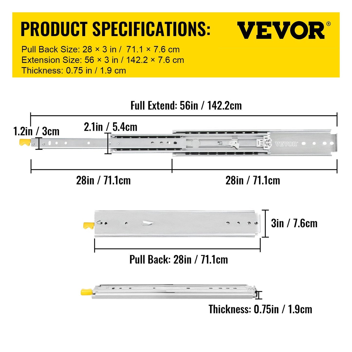 Heavy-Duty Steel Drawer Slides with Lock, 71 cm, 227 kg Capacity, Full Extension