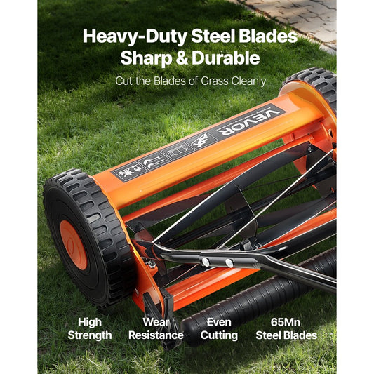 35cm Push Reel Lawn Mower 5-Blade Adjustable Height Grass Catcher 2-Wheel