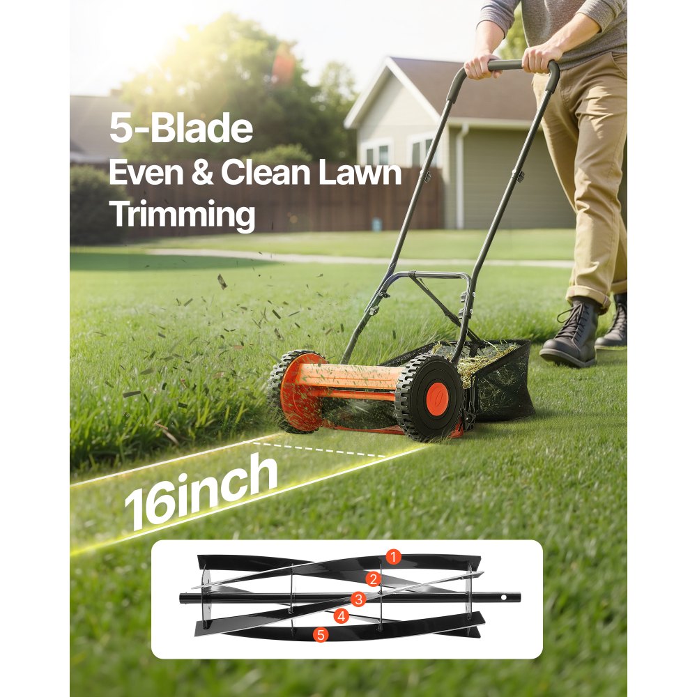 VEVOR 40cm Push Reel Lawn Mower 5-Blade Adjustable Height Grass Catcher 2-Wheel