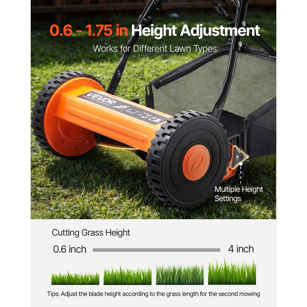 VEVOR 40cm Push Reel Lawn Mower 5-Blade Adjustable Height Grass Catcher 2-Wheel