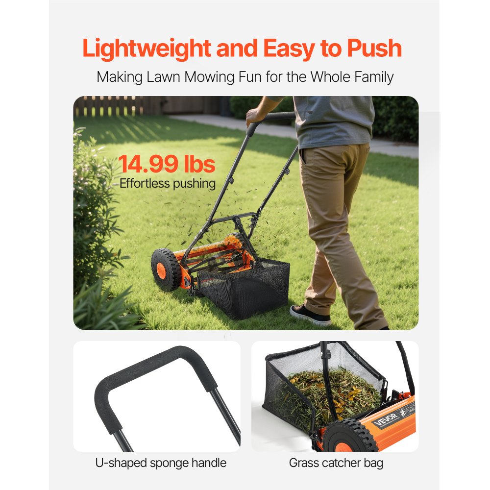 VEVOR 40cm Push Reel Lawn Mower 5-Blade Adjustable Height Grass Catcher 2-Wheel