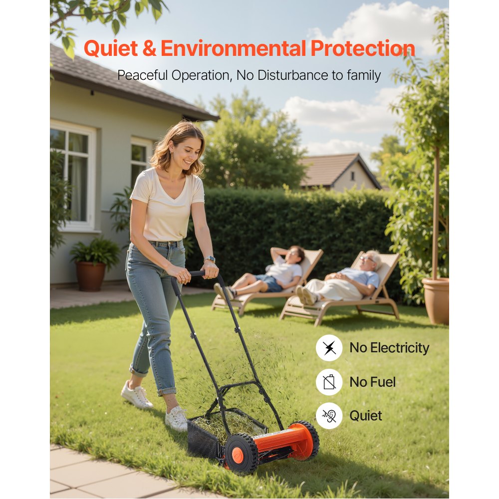 VEVOR 40cm Push Reel Lawn Mower 5-Blade Adjustable Height Grass Catcher 2-Wheel