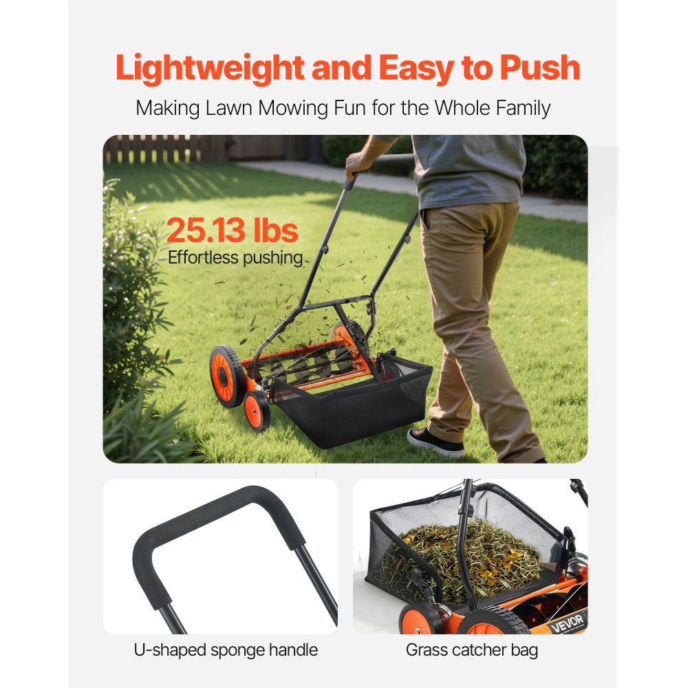 VEVOR 45cm Push Reel Lawn Mower 5-Blade Adjustable Height Grass Catcher 4-Wheel