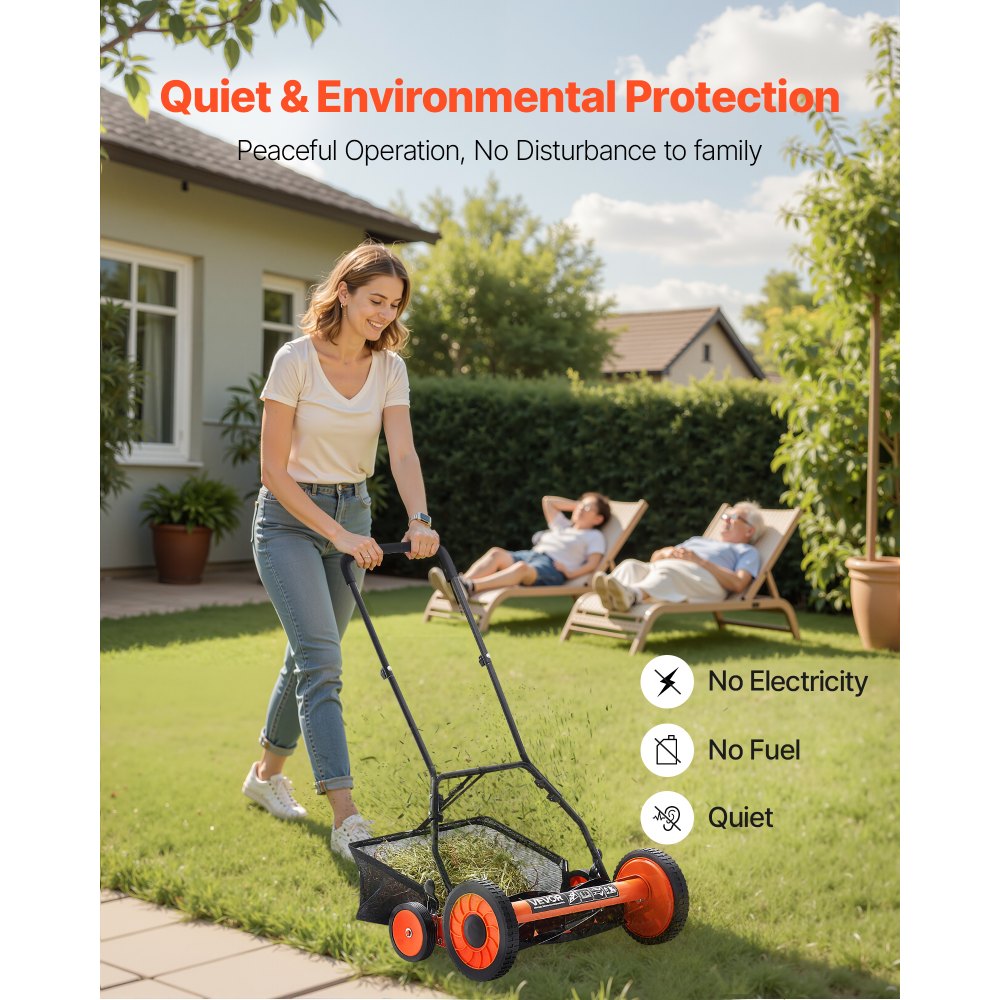 VEVOR 45cm Push Reel Lawn Mower 5-Blade Adjustable Height Grass Catcher 4-Wheel