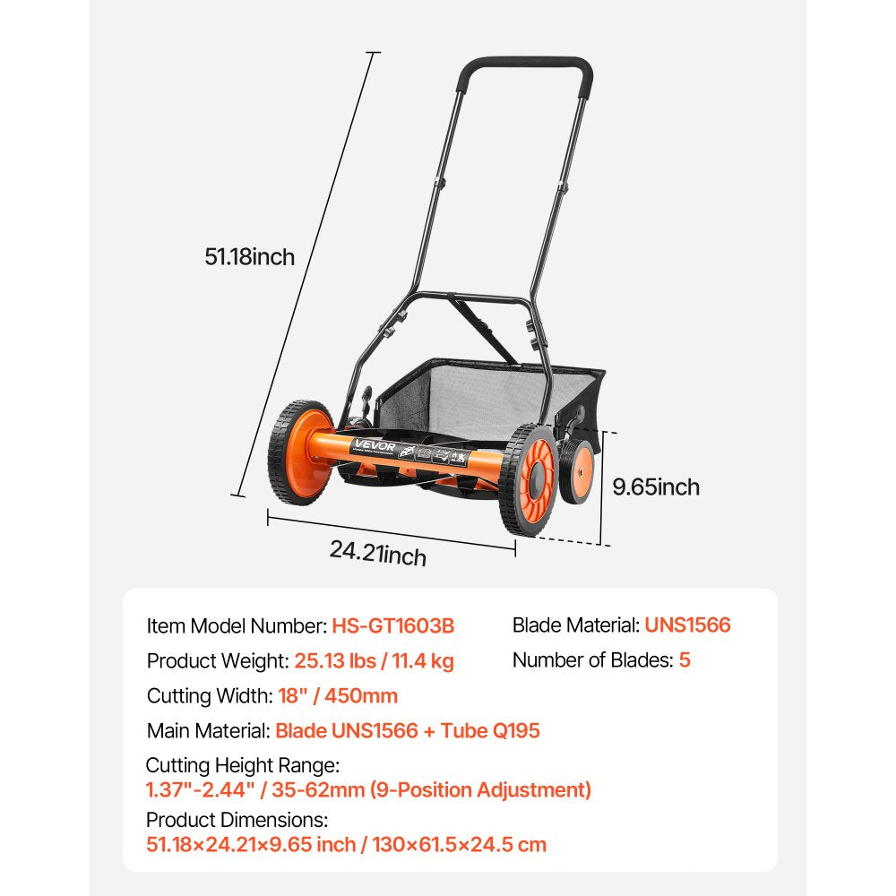 VEVOR 45cm Push Reel Lawn Mower 5-Blade Adjustable Height Grass Catcher 4-Wheel