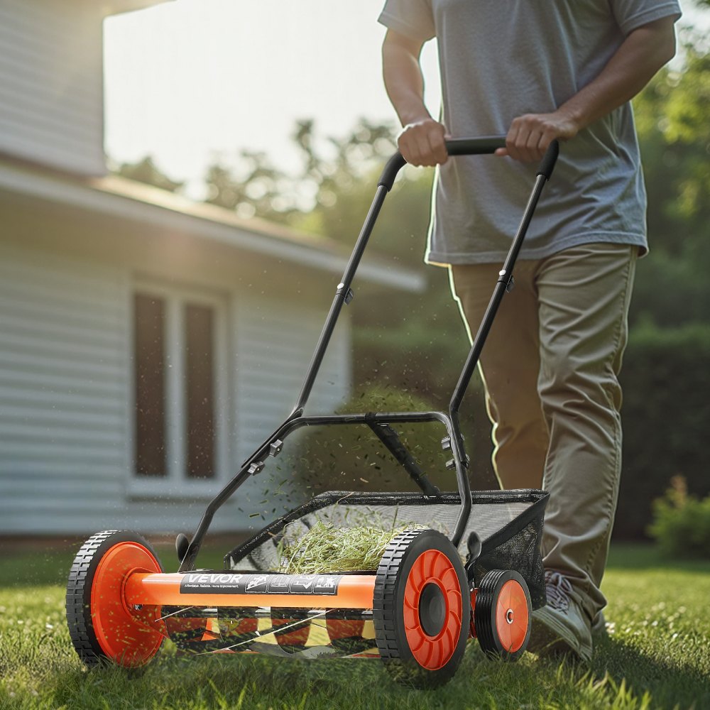VEVOR 45cm Push Reel Lawn Mower 5-Blade Adjustable Height Grass Catcher 4-Wheel