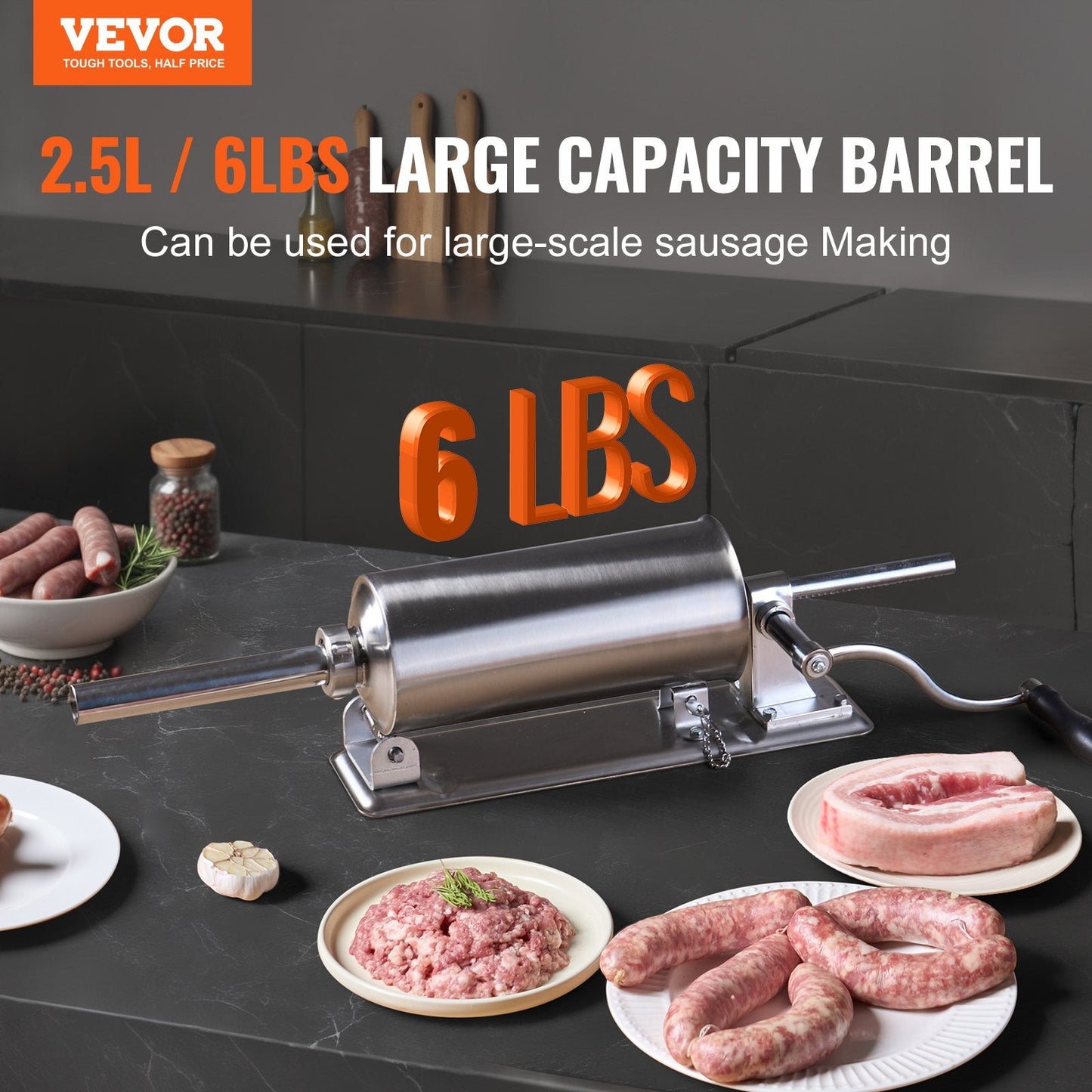 Manual Stainless Steel Sausage Stuffer, 2.5L Capacity, Horizontal Design