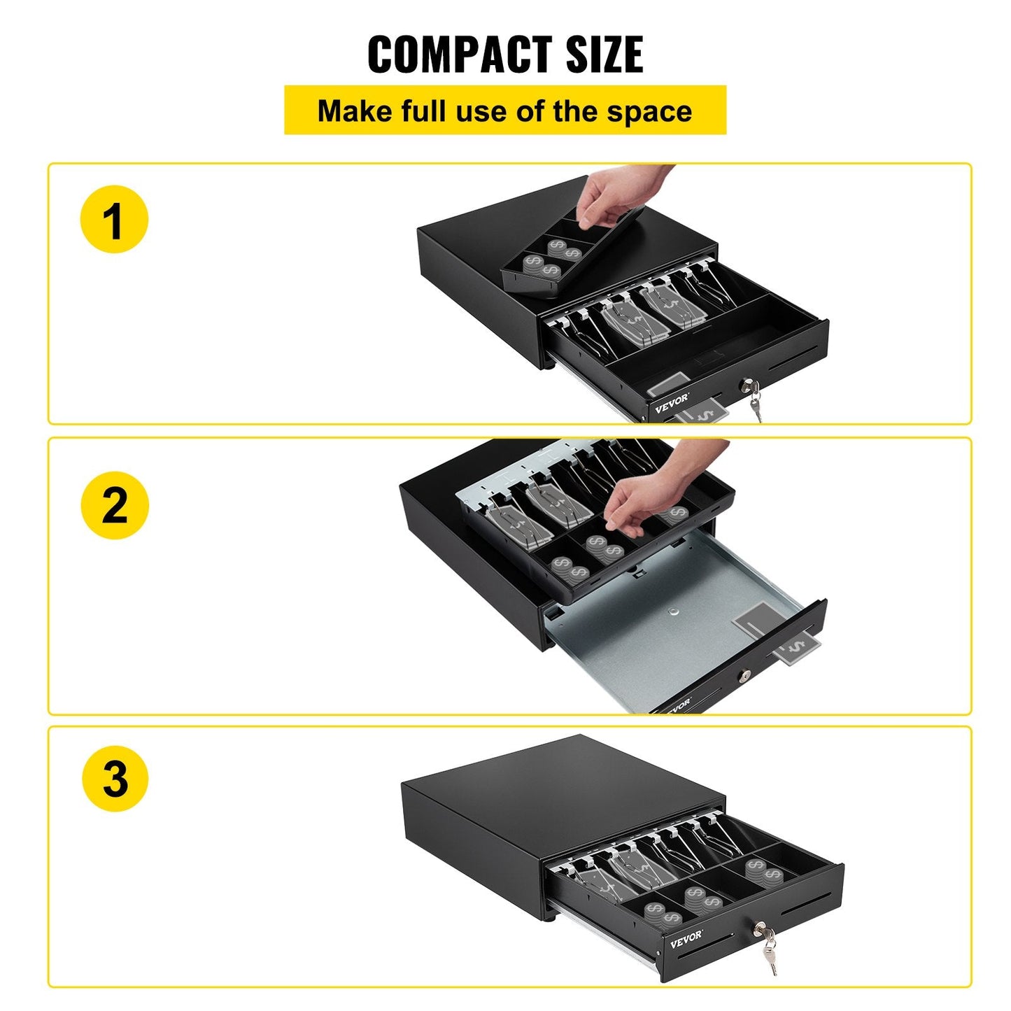 Compact Cash Register Drawer with Key Lock, 4 Bill & 5 Coin Trays, 4.25 kg