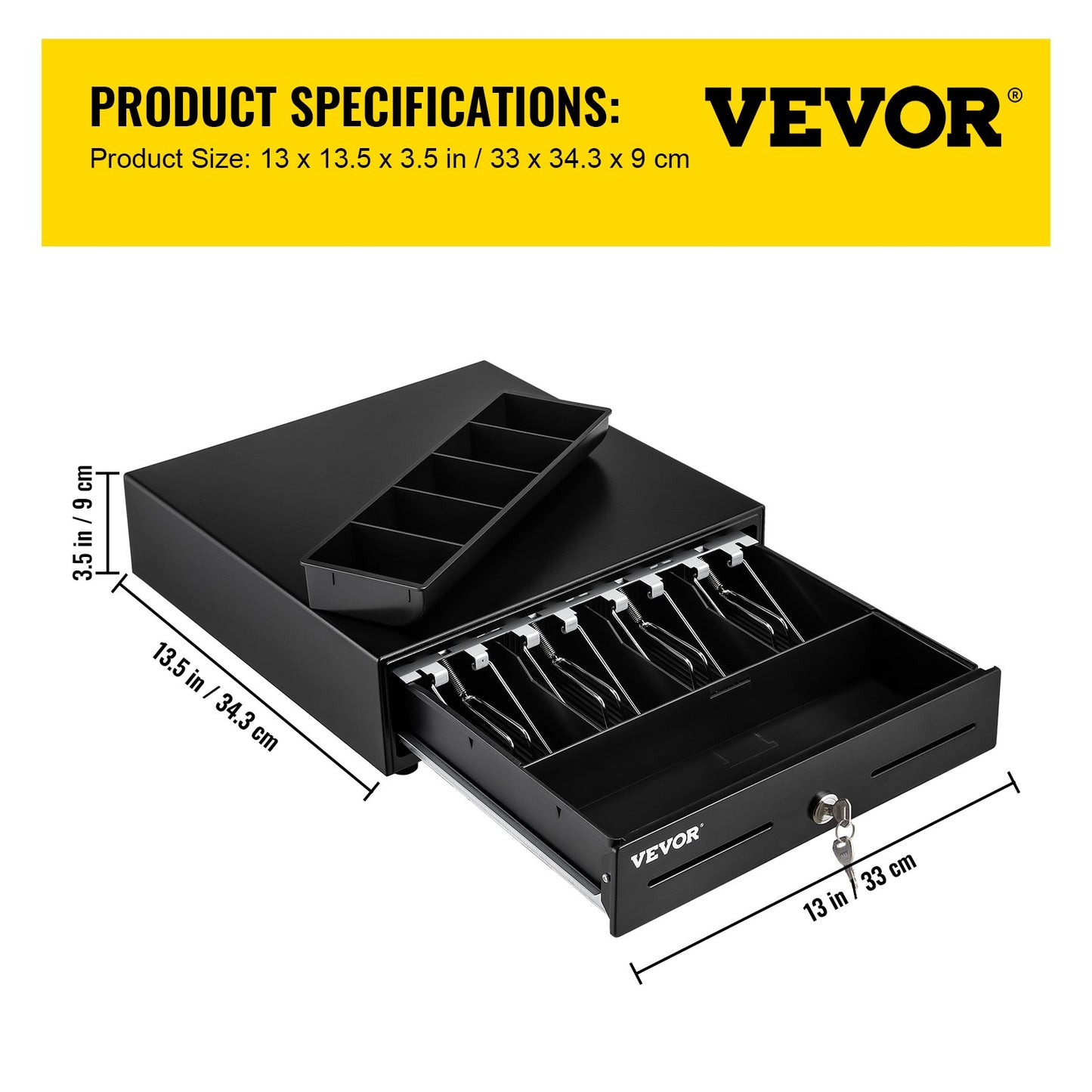VEVOR Cash Register Drawer, 13" 2 Unlocking Ways, Fully Removable Design with 4
