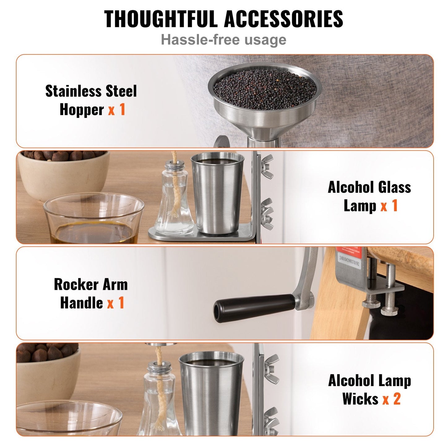 Stainless Steel Manual Oil Press Machine, Easy-Clean Design, 2.26 kg, 0.58 m