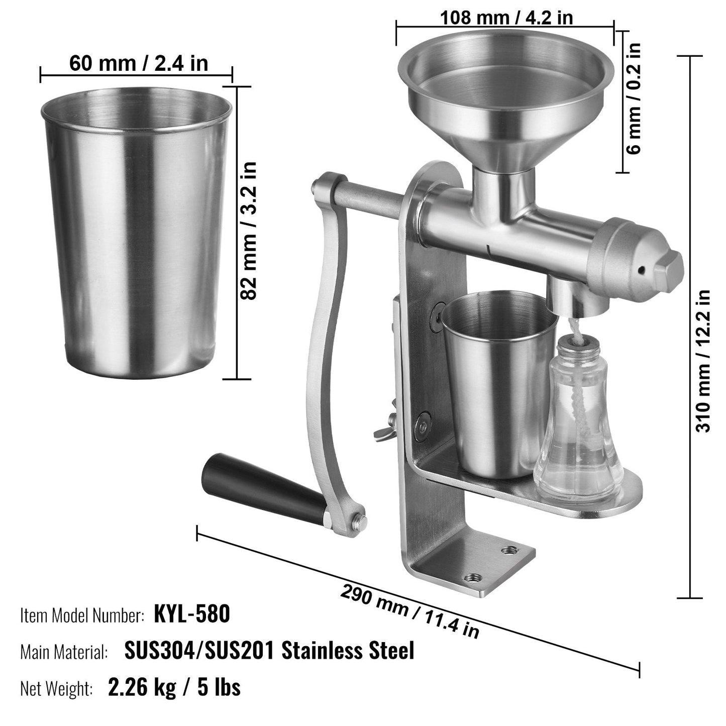 Stainless Steel Manual Oil Press Machine, Easy-Clean Design, 2.26 kg, 0.58 m