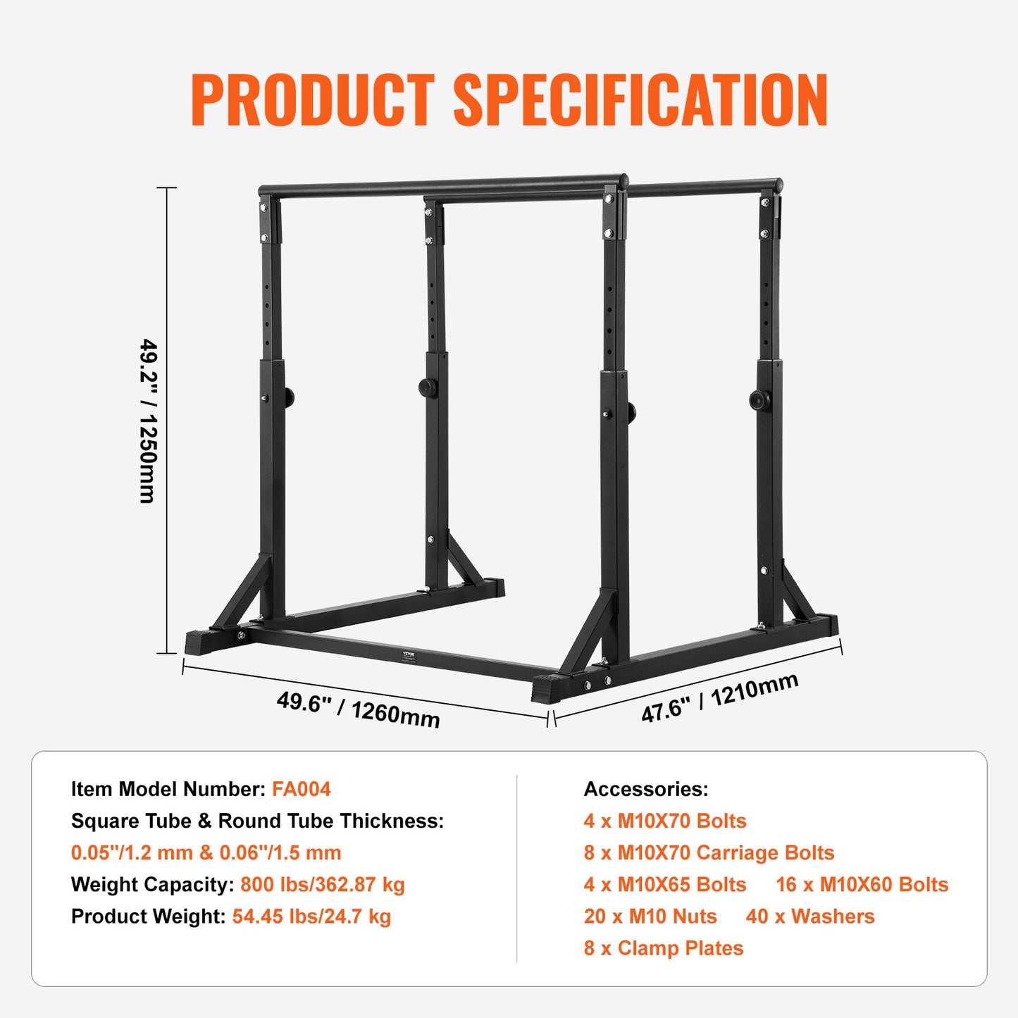 VEVOR Dip Bar, 363 kg Capacity, Heave Duty Dip Stand Station with Adjustable Height,