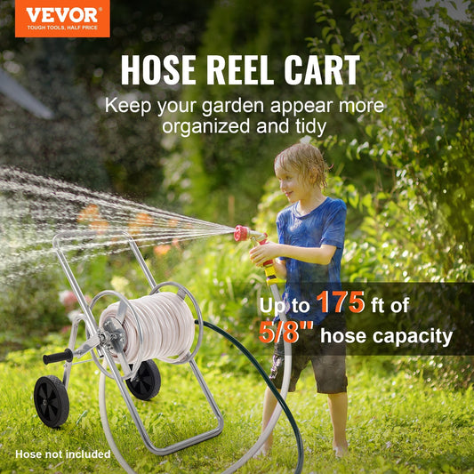 Widened hose reel design helps load, store, and move long hoses around yards and patios