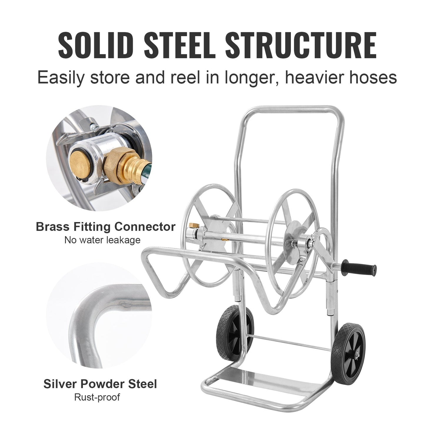 Heavy Duty 61m Garden Hose Reel Cart with Wheels, Steel Frame, Easy Winding