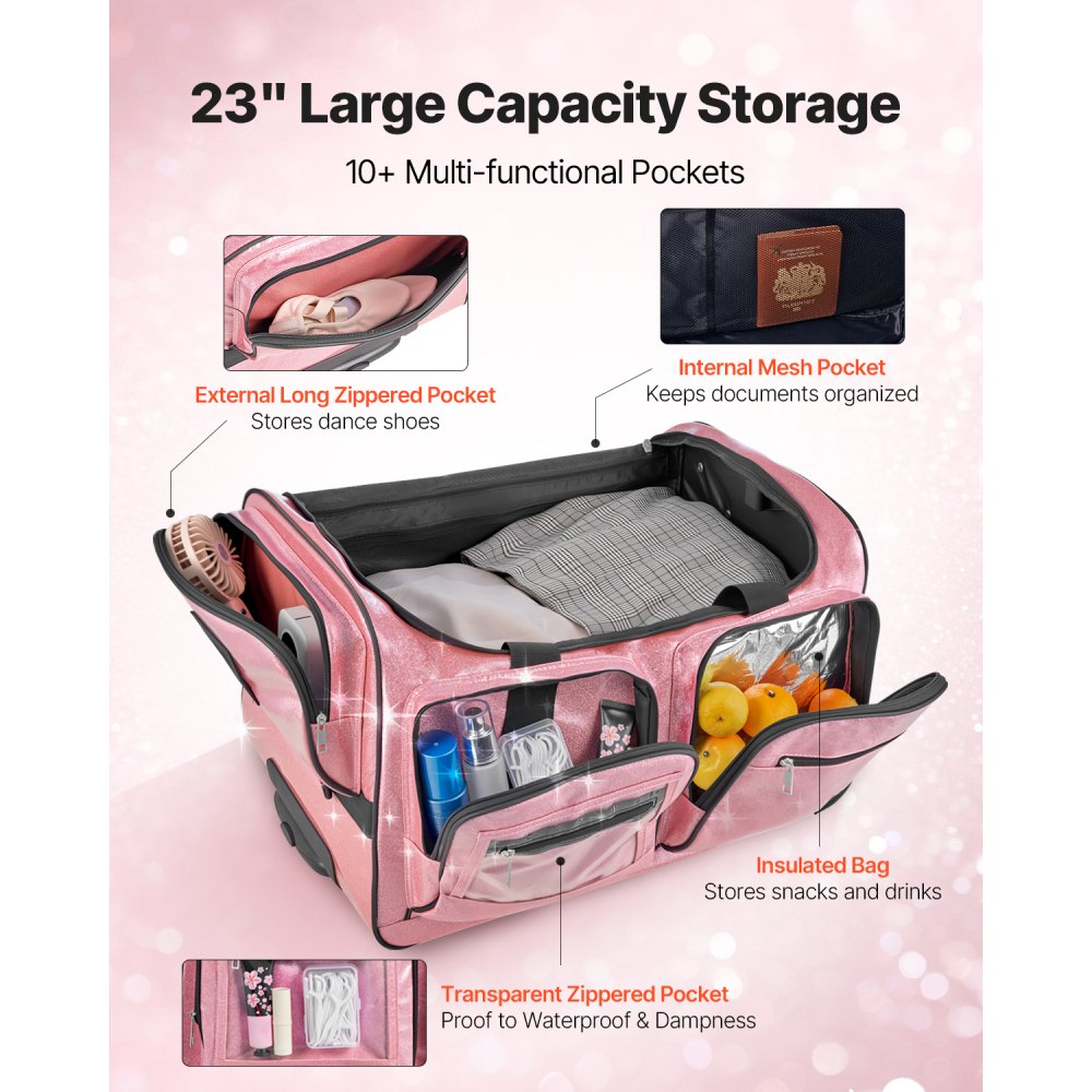 VEVOR 23 Inch Dance Bag with Garment Rack Rolling Dance Duffle for Travel Pink