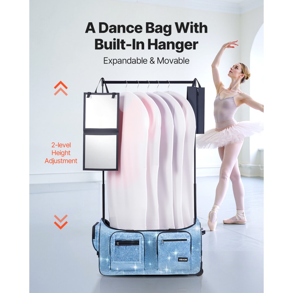 VEVOR 29 Inch Dance Bag with Garment Rack Rolling Dance Duffle for Travel Blue