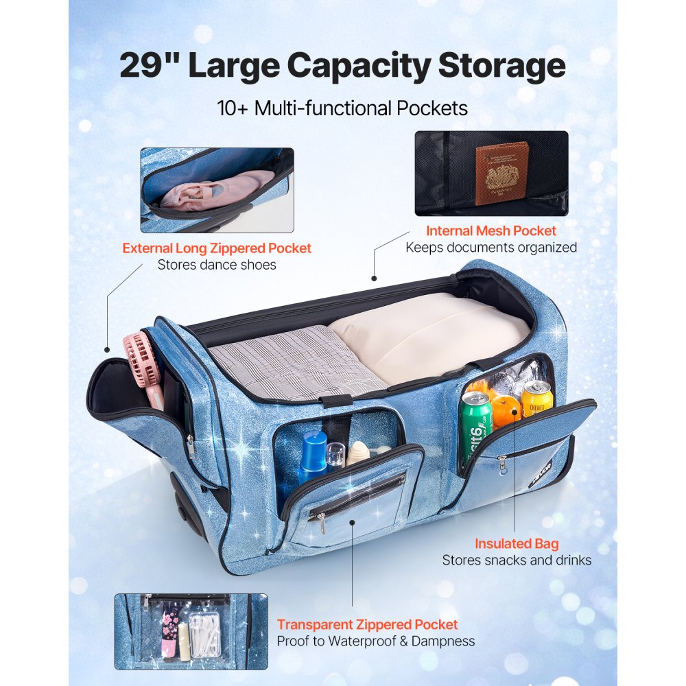 VEVOR 29 Inch Dance Bag with Garment Rack Rolling Dance Duffle for Travel Blue