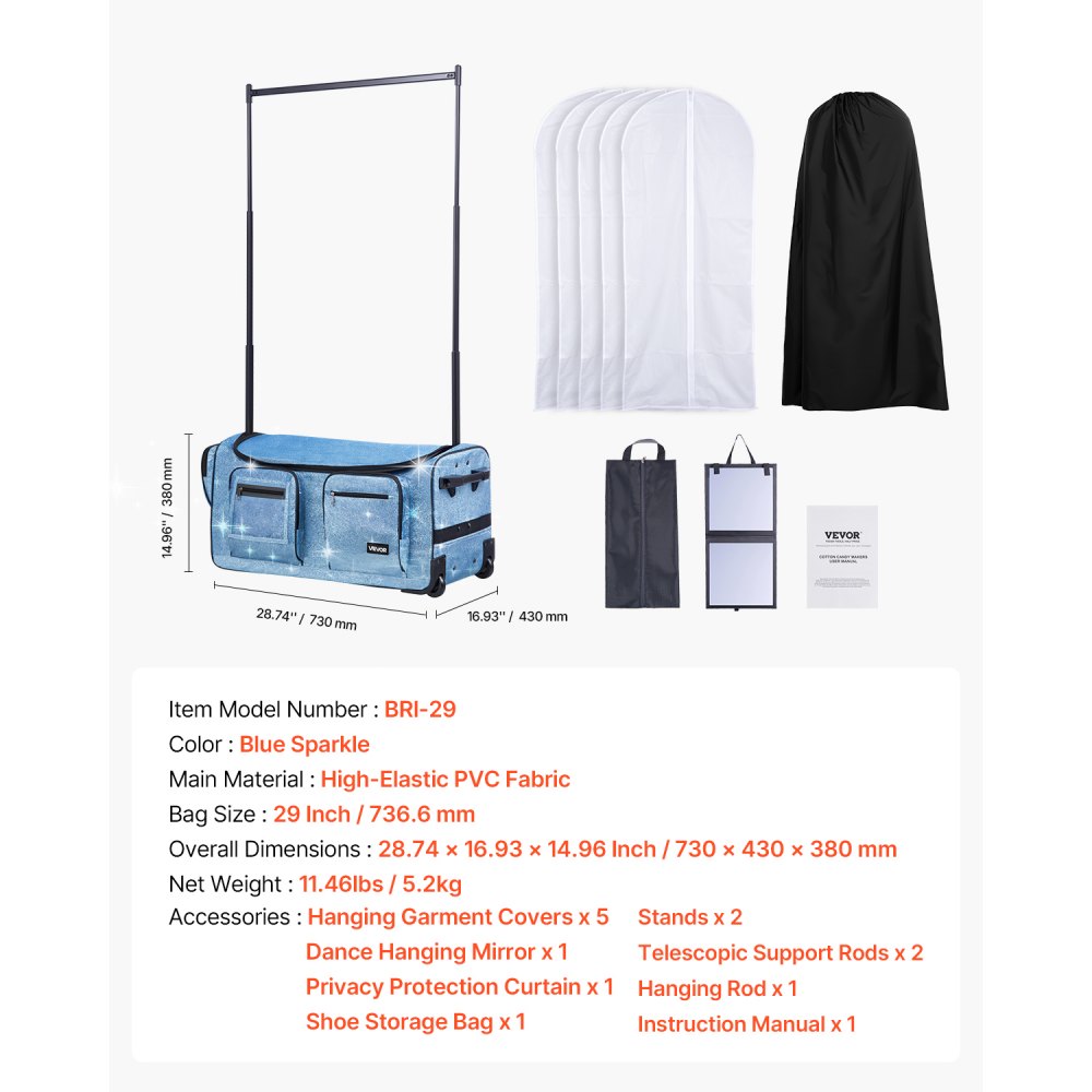 VEVOR 29 Inch Dance Bag with Garment Rack Rolling Dance Duffle for Travel Blue