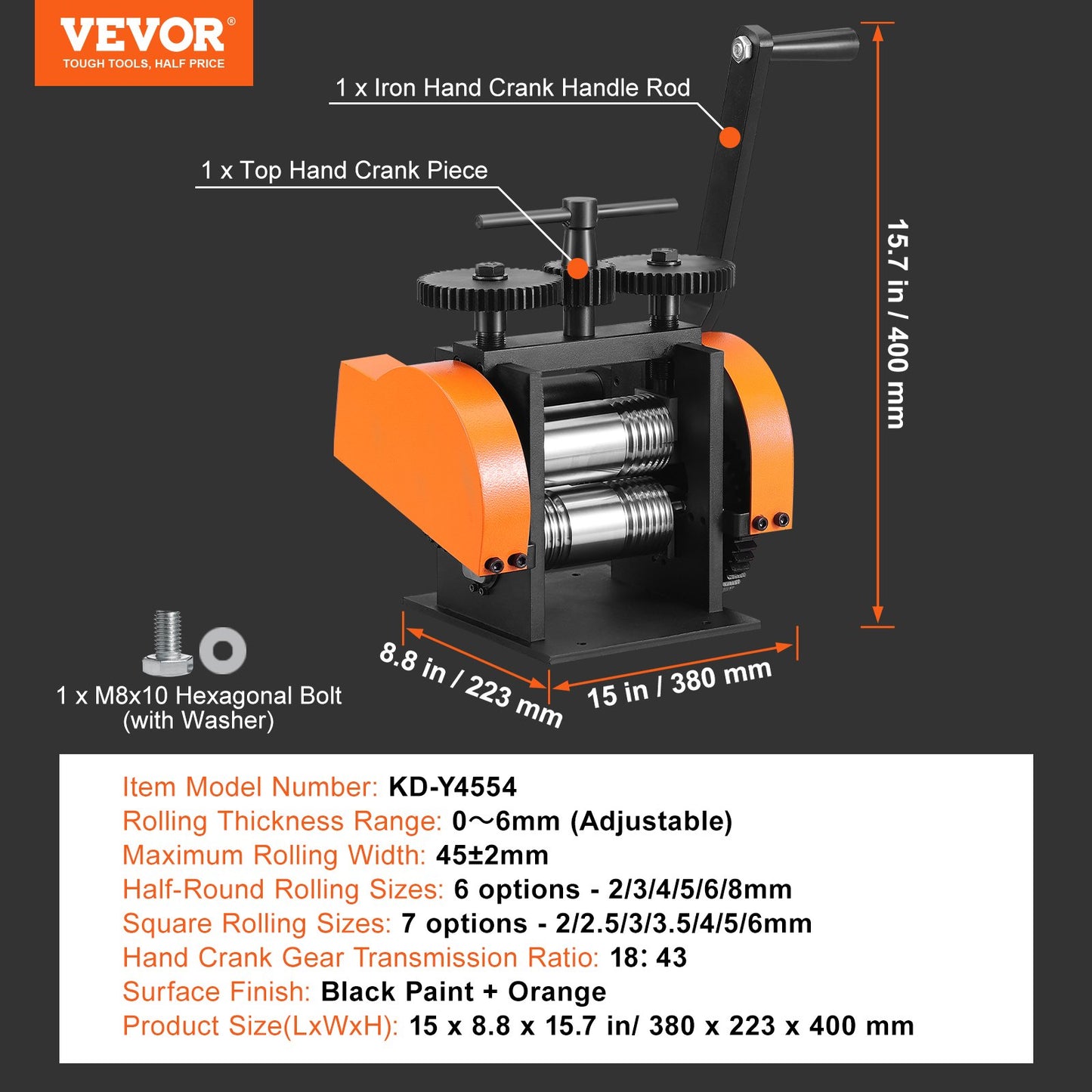 VEVOR Rolling Mill, 1.77"/45 mm Jewelry Rolling Mill Machine, 1: 2.4 Gear Ratio,