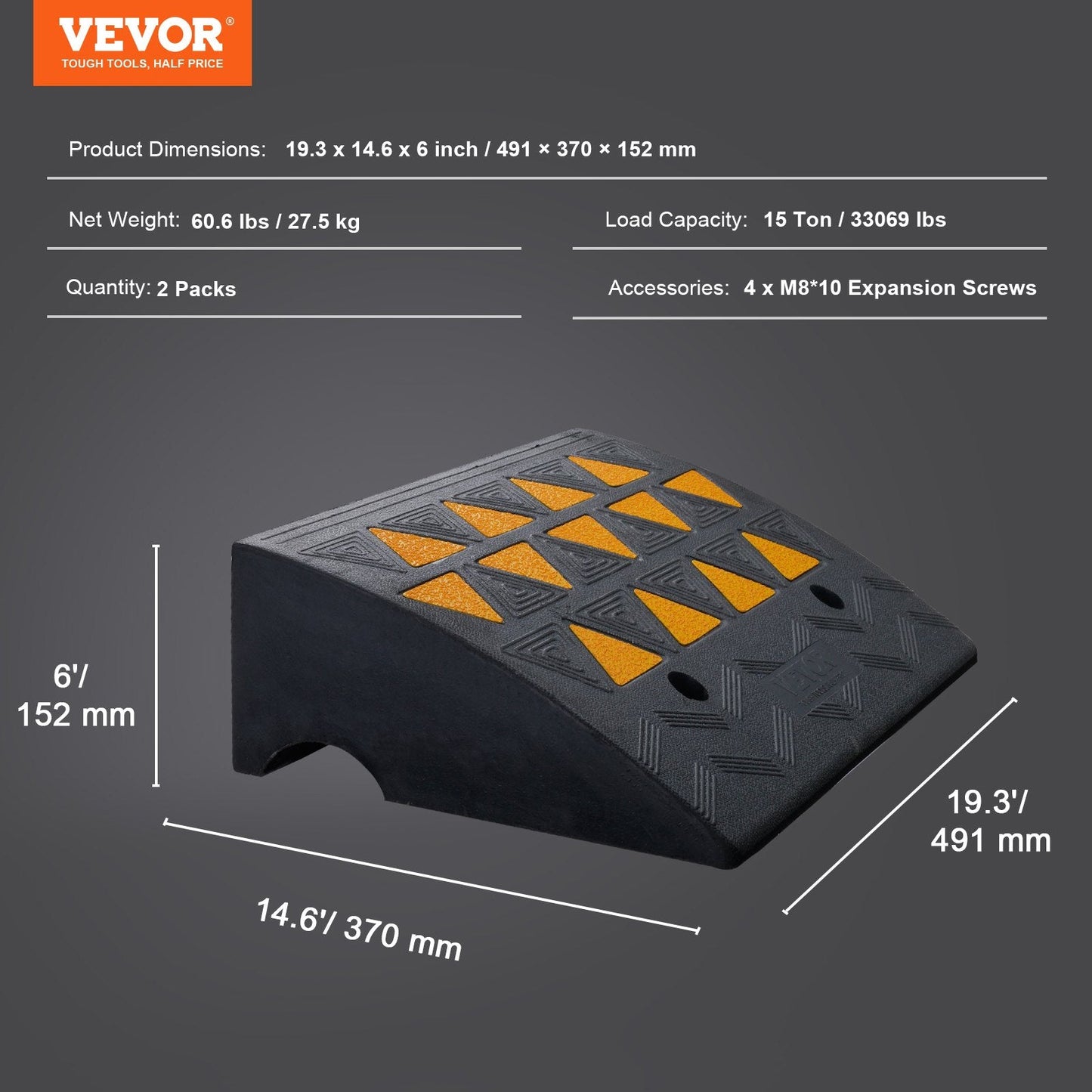 Heavy-Duty Rubber Curb Ramp Set, 15.2 cm Rise, 15 Tons Load, 2 Pack