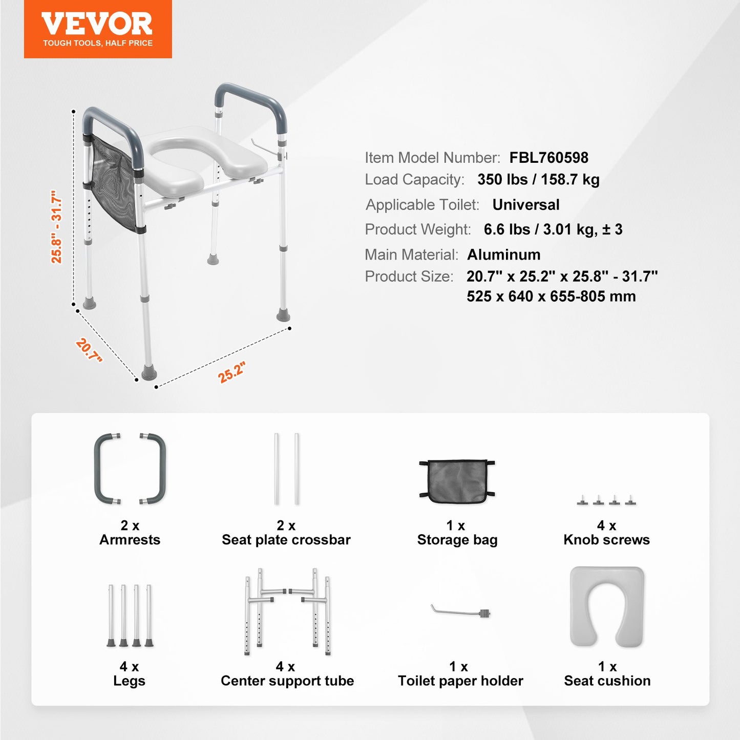VEVOR Raised Toilet Seat, 7-Position Height Adjustment 655-805 Mm, 158.7 kg Weight